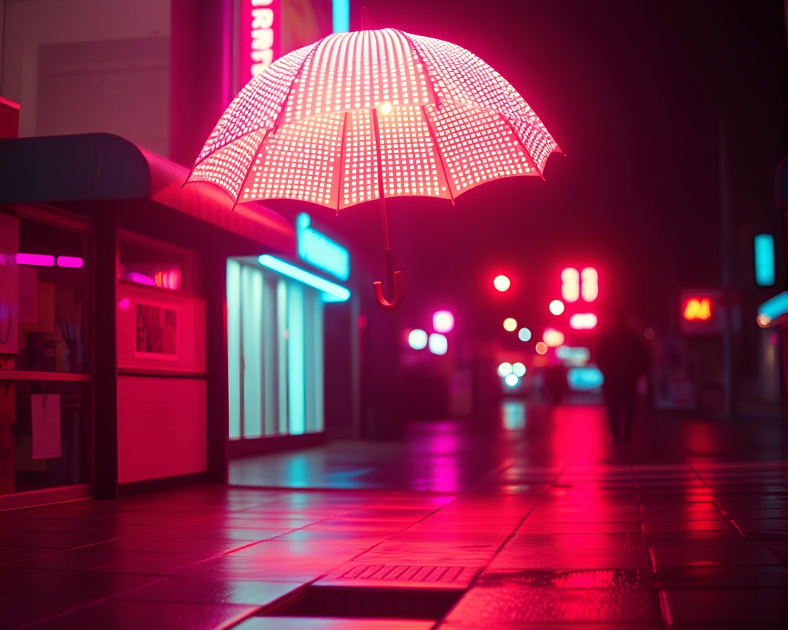 Vibrant neon umbrella under harsh 90s grunge lighting