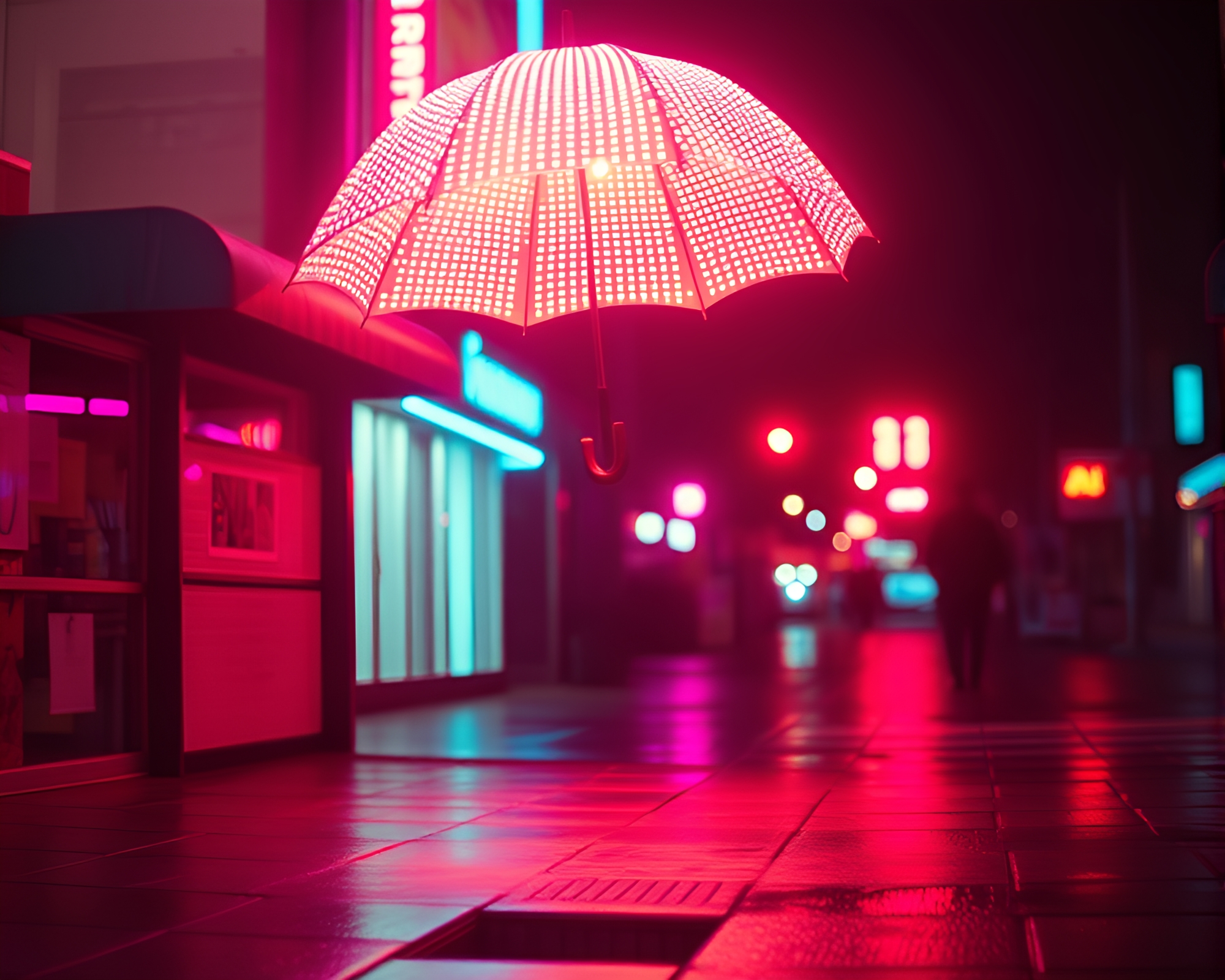 Neon-lit Umbrella Casting Hard Shadows in 90s Grunge – free AI stock image