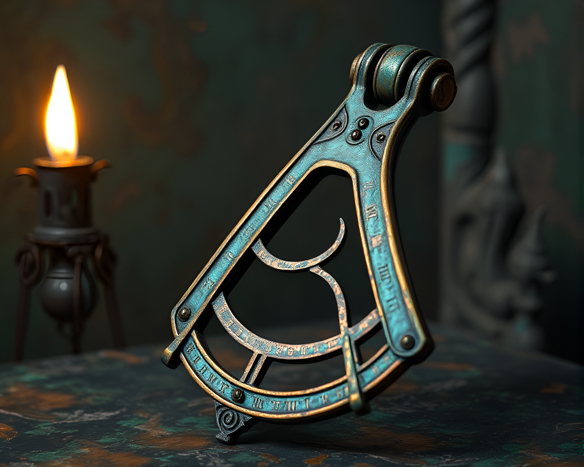 Surrealist Antique Sextant in Dungeon Torchlight – free AI stock image