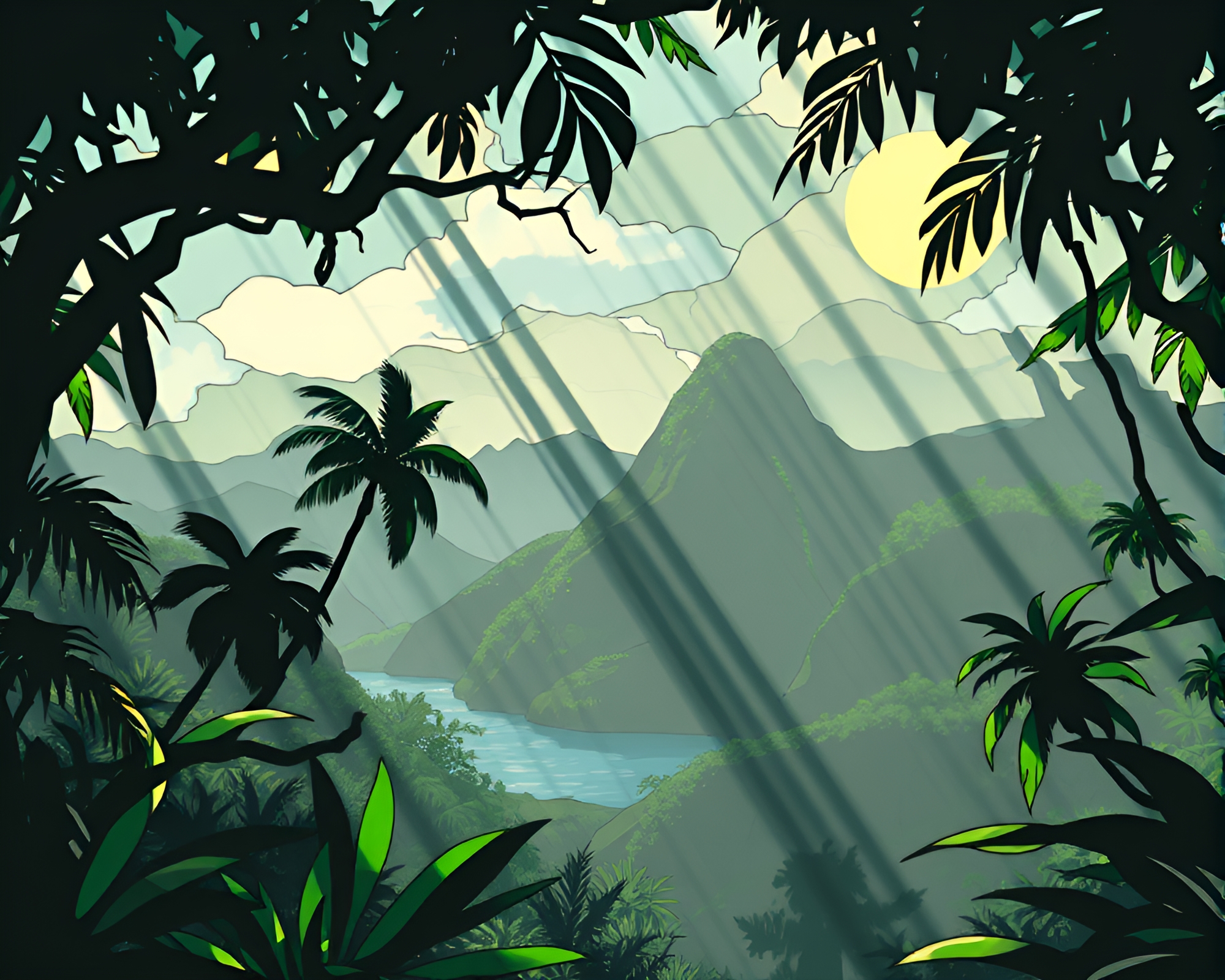Volcanic Island Jungle Canopy Stained Glass Artwork – free AI stock image