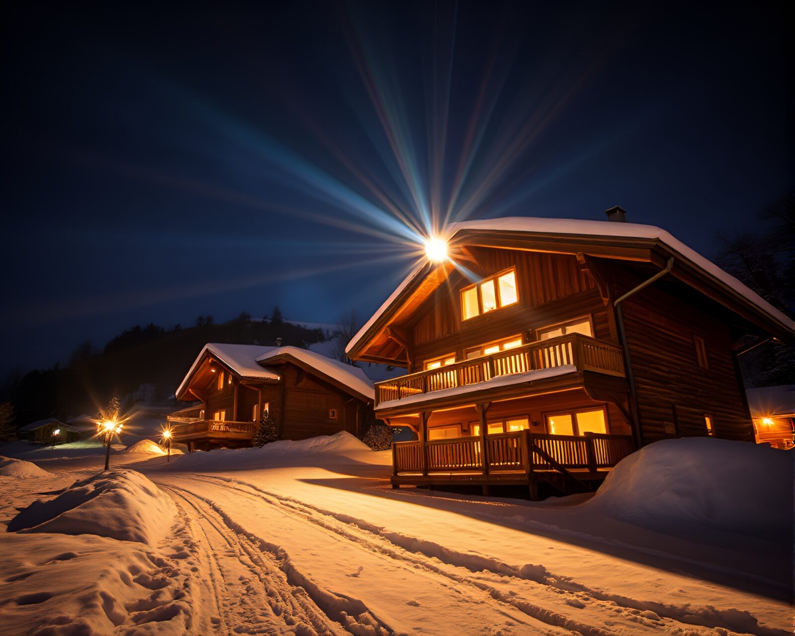Overexposed lithographic Alpine chalet under laser beams