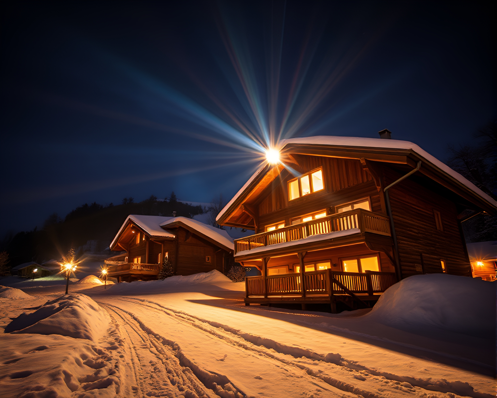 Laser Beam Chalet Illuminated in Blinding Light – free AI stock image
