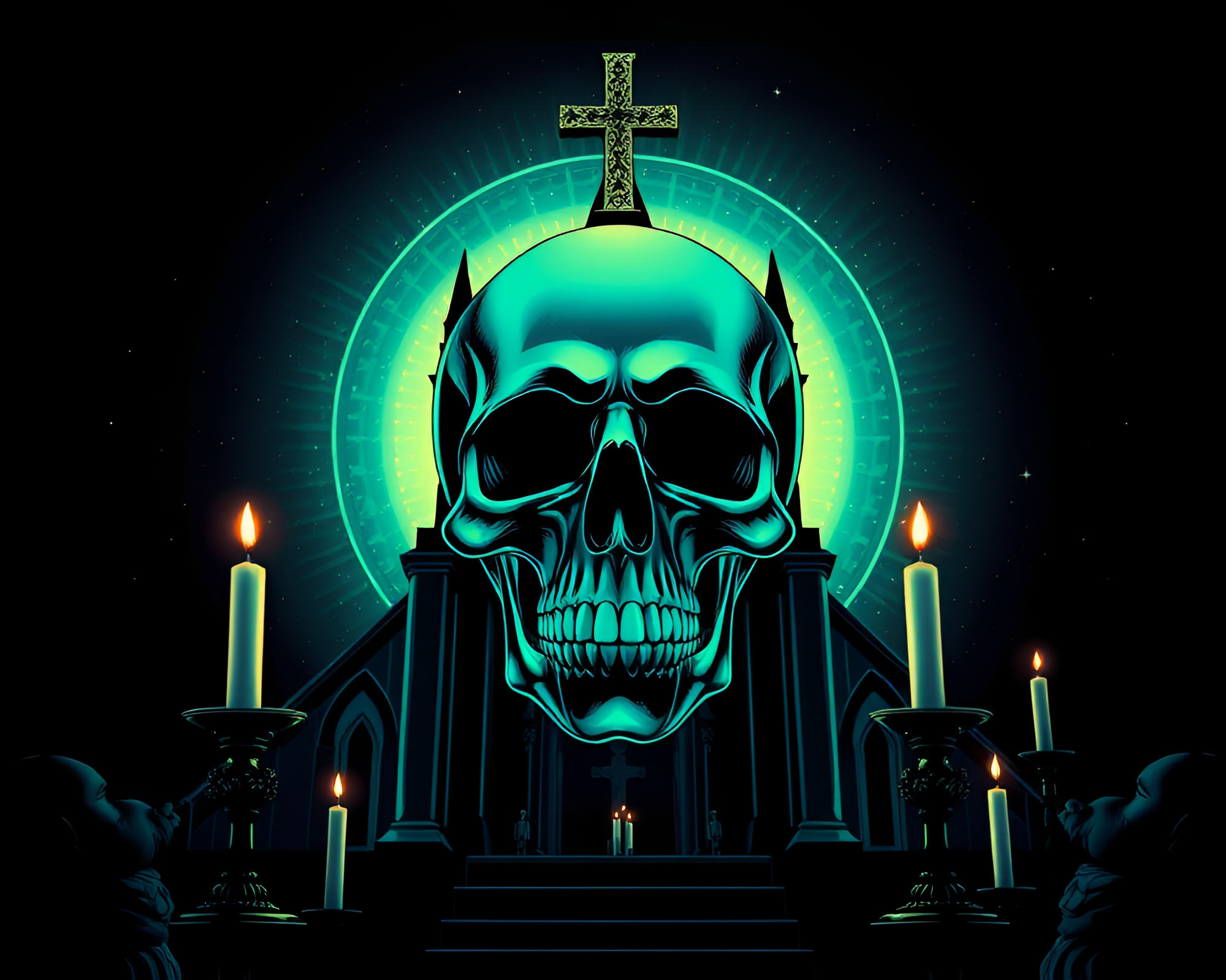 Glowing Crystal Skull in Surreal Church Candlelight – free AI stock image