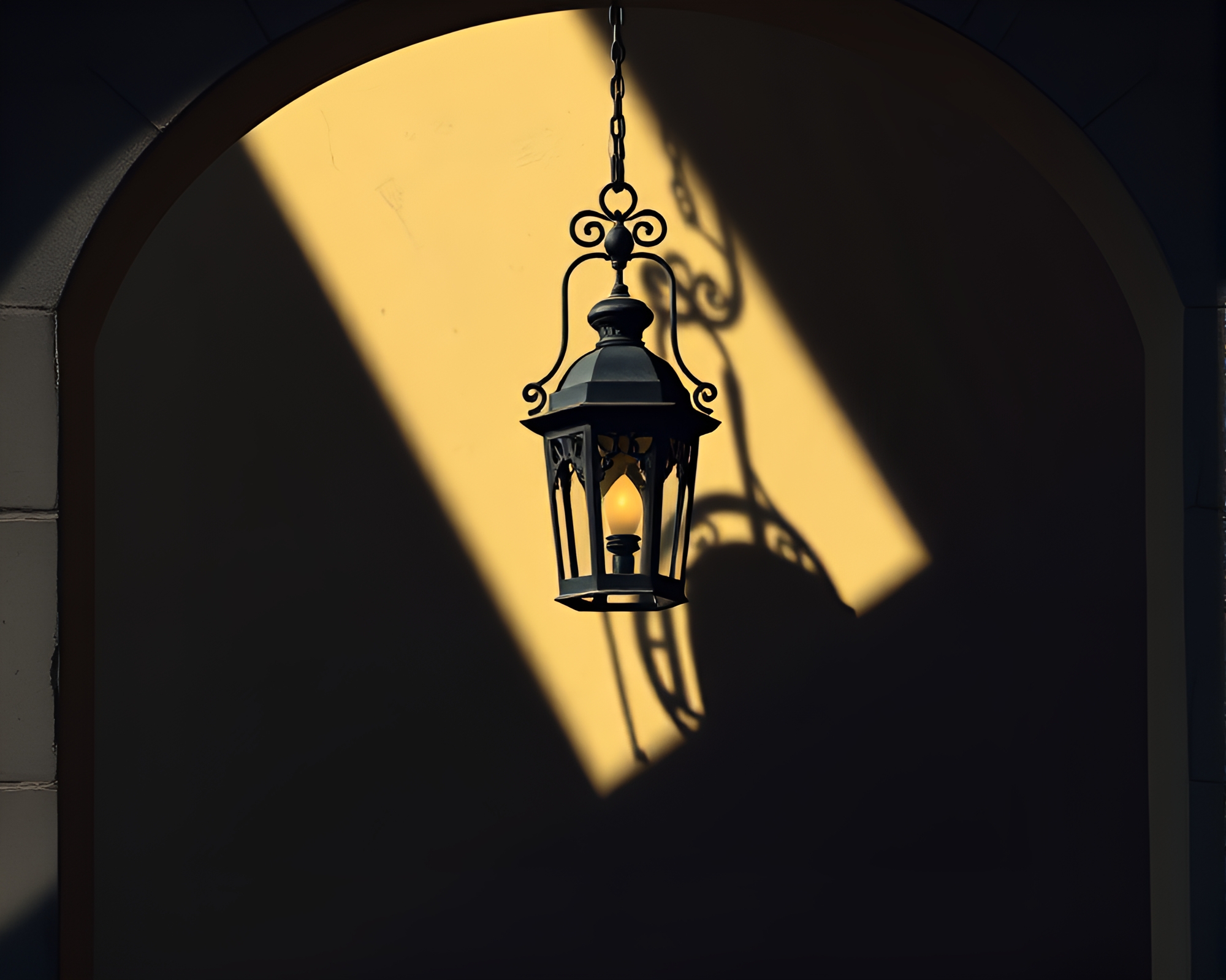 Ethereal Oil Lantern Illuminates Shadowy Algorithmic Attic Frame – free AI stock image