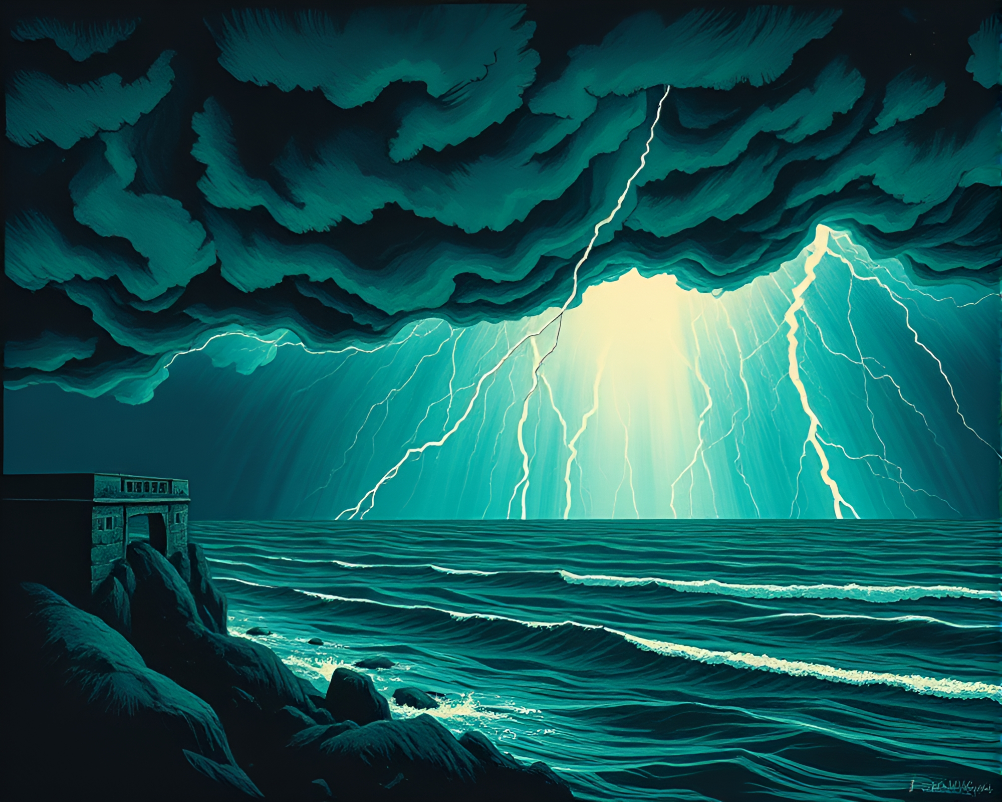 Emerald Thunderstorm Linocut Architectural Rendering – free AI stock image