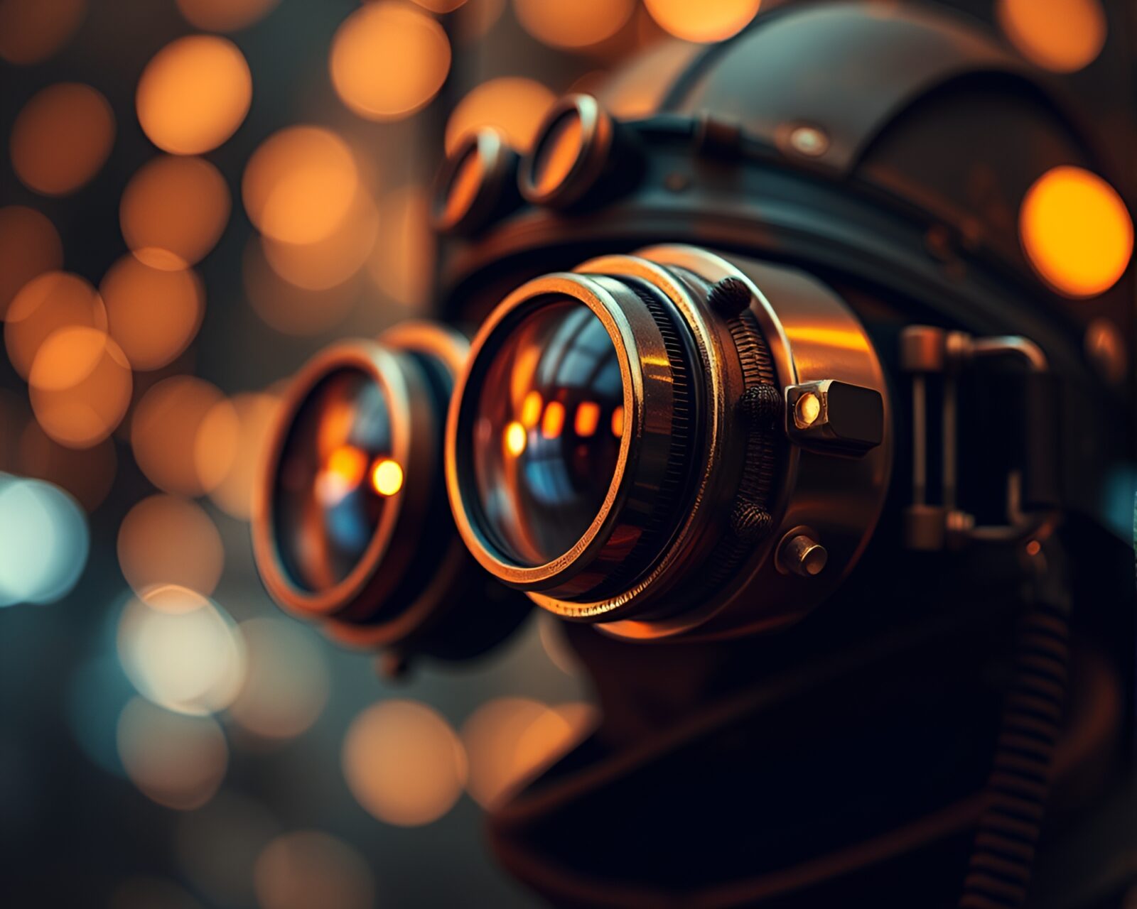 Close-up of detailed steampunk goggles with bokeh foreground