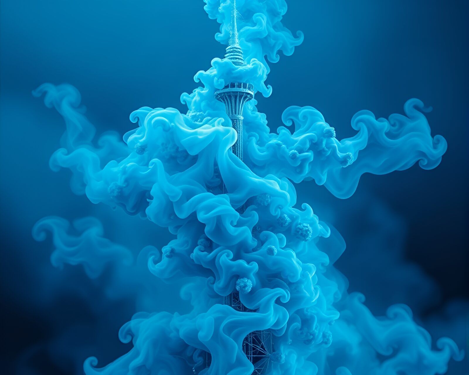 Abstract tower engulfed by icy blue swirling smoke
