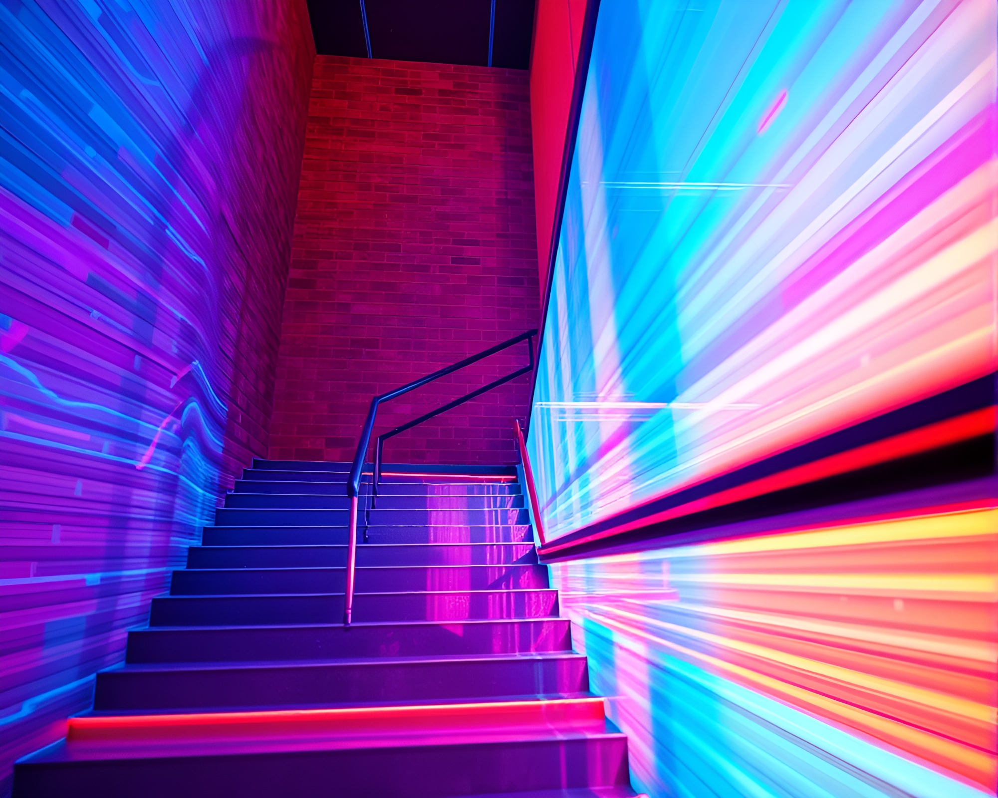 Neon Escher Staircase Glitch Art – free AI stock image