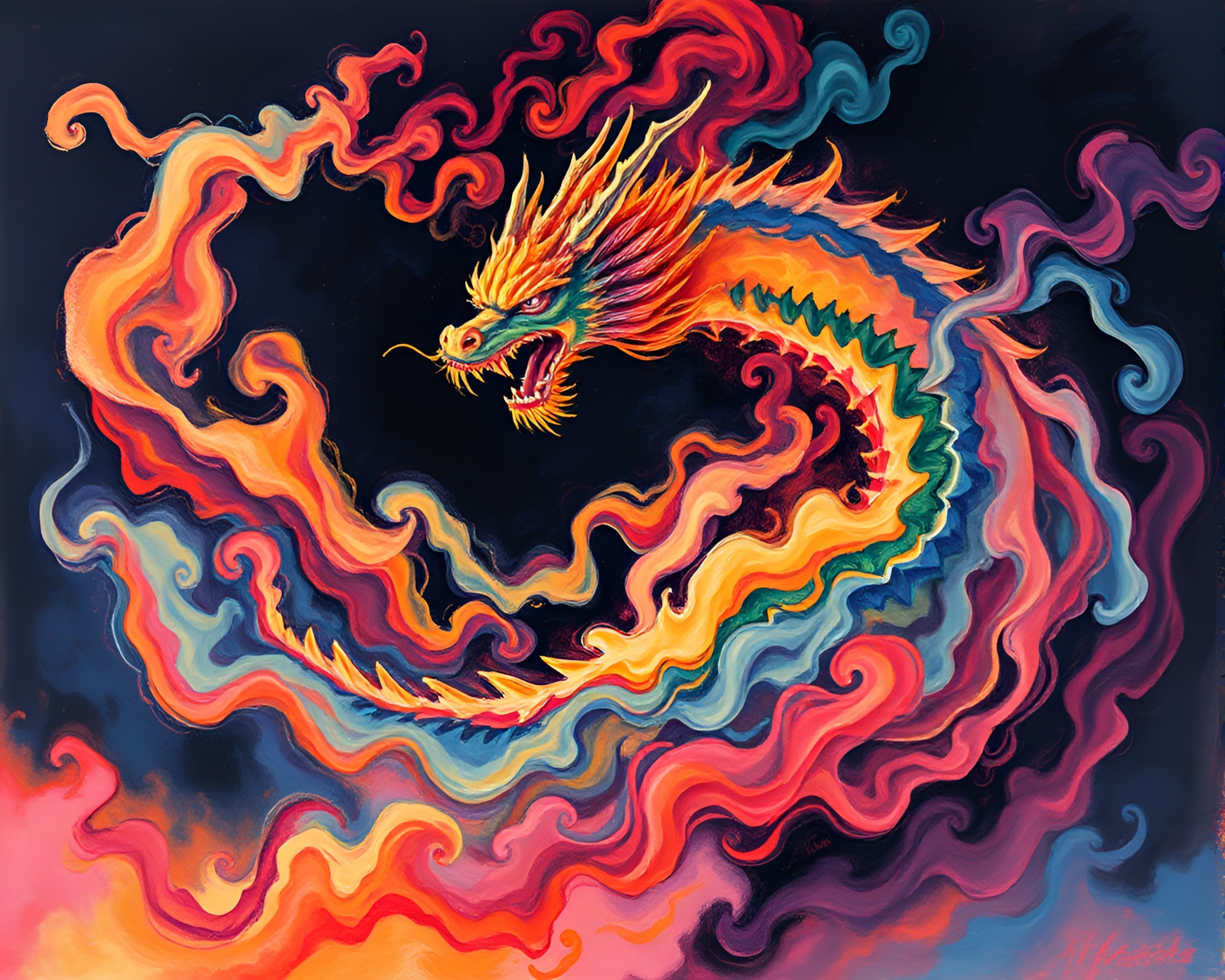Fiery Dragon: Smoke Plume Swirl Gouache Painting – free AI stock image
