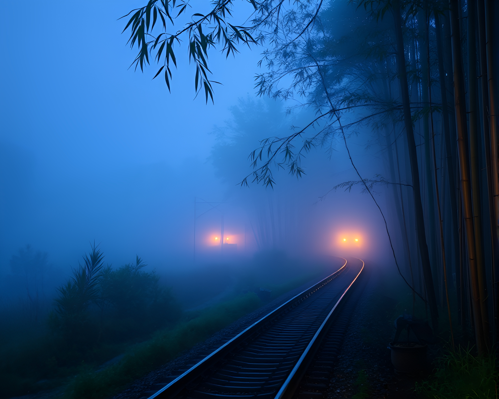 Misty Bamboo Flute Train Light Trails Dawn – free AI stock image