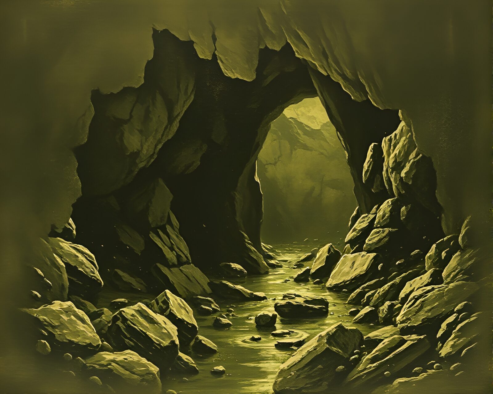 Dynamic olive drab etching of cavern with zoom burst effect