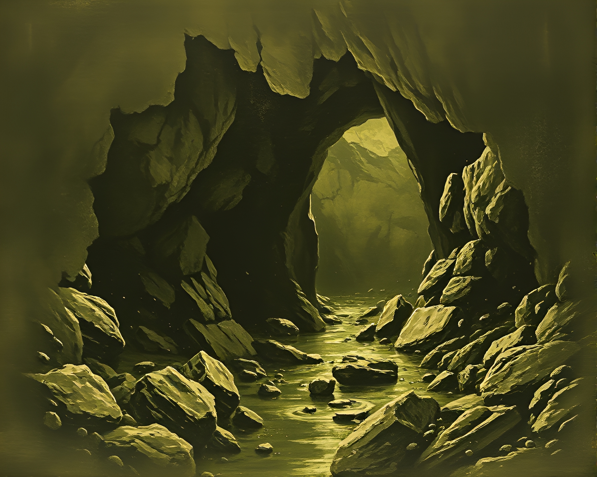 Zoom Burst Cavern: Olive Drab Etching Exploration – free AI stock image