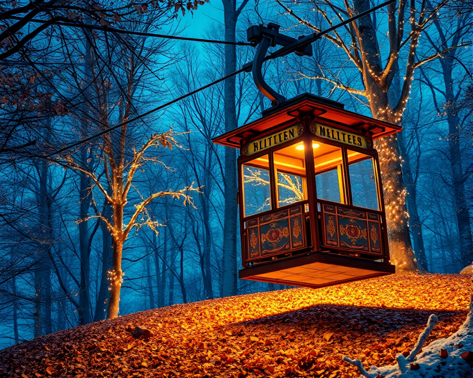 Trompe-l'oeil scene of a leaf littered gondola lift