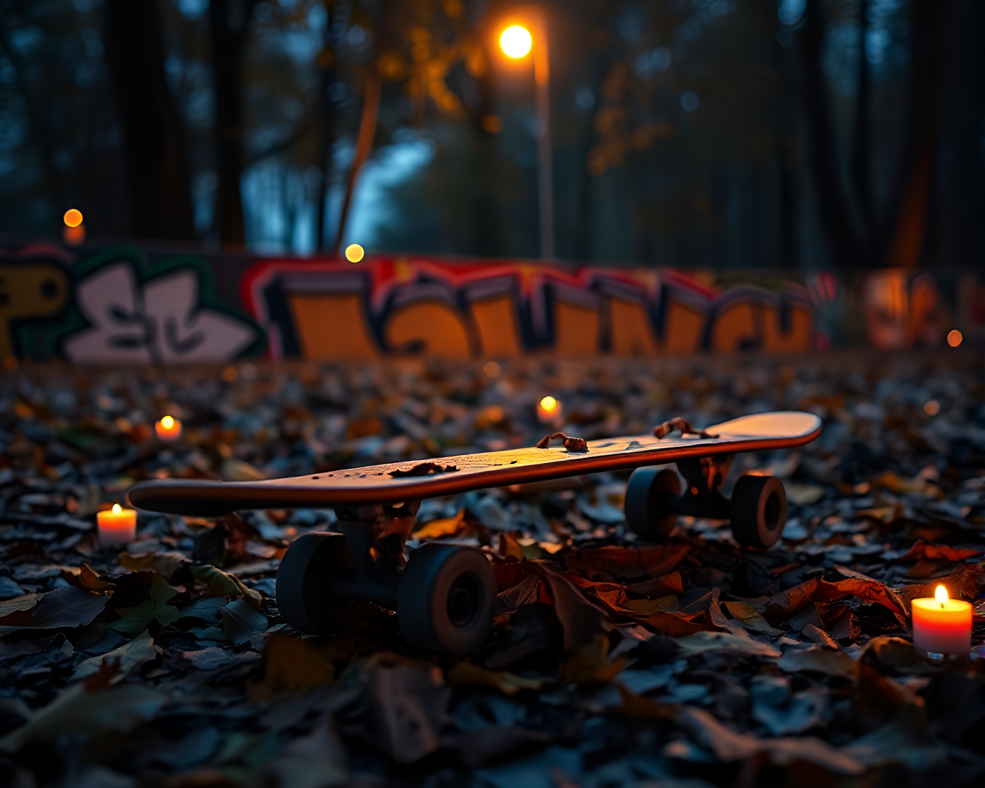 Graffiti Skateboarder Among Candlelit Leaf Litter – free AI stock image