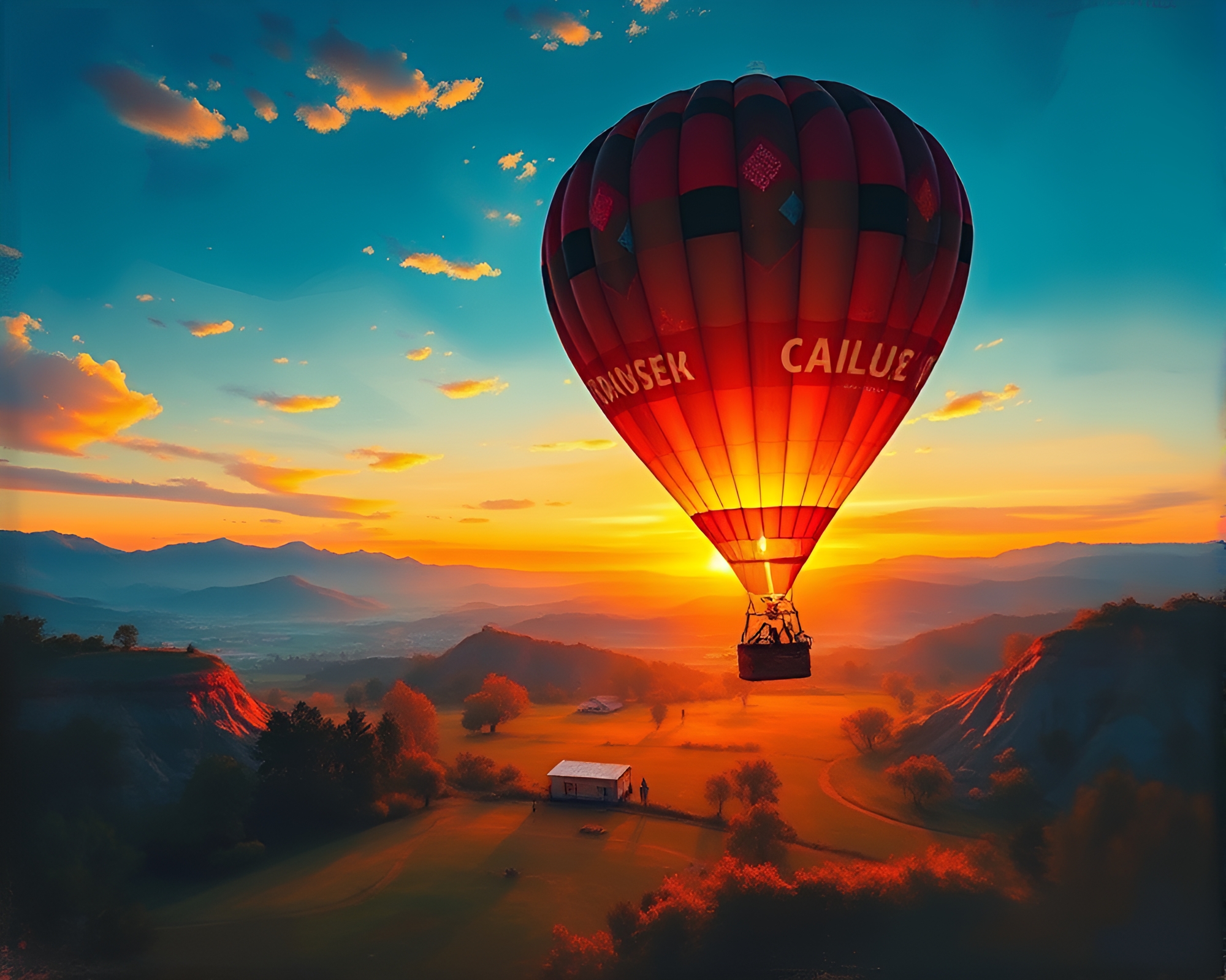 Impressionist Hot Air Balloon Floating at Sunset – free AI stock image
