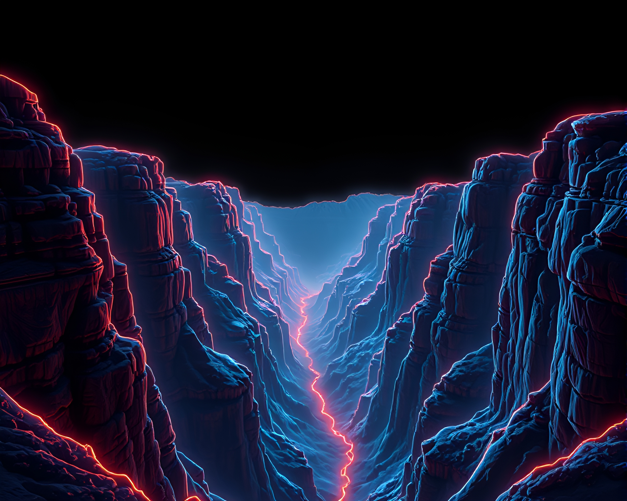 Neon Wireframe Canyon with Cliffside Shadows – free AI stock image