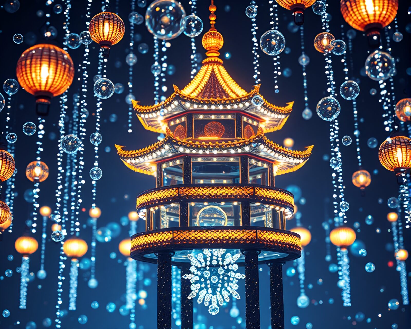 Fantastical high-key 16-bit style pagoda surrounded by bubble clusters