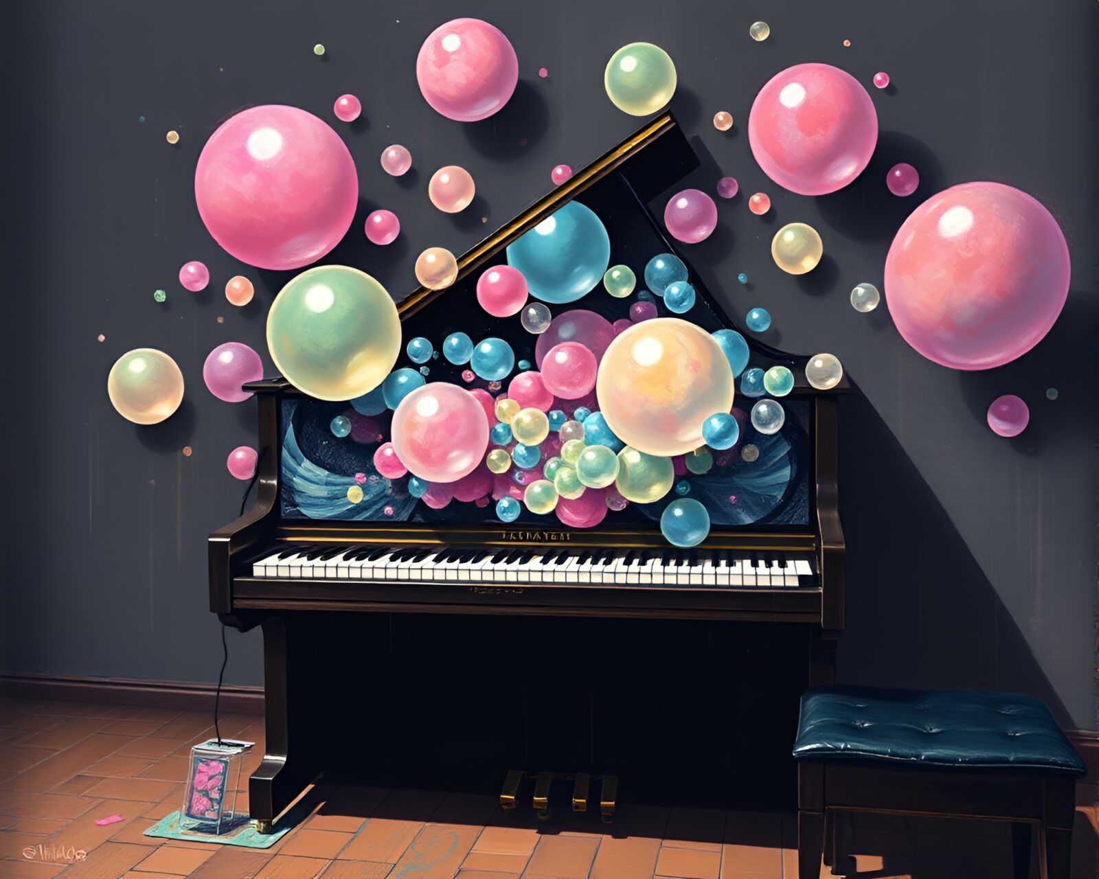 Colorful bubbles swirl around a grand piano in sunset light.