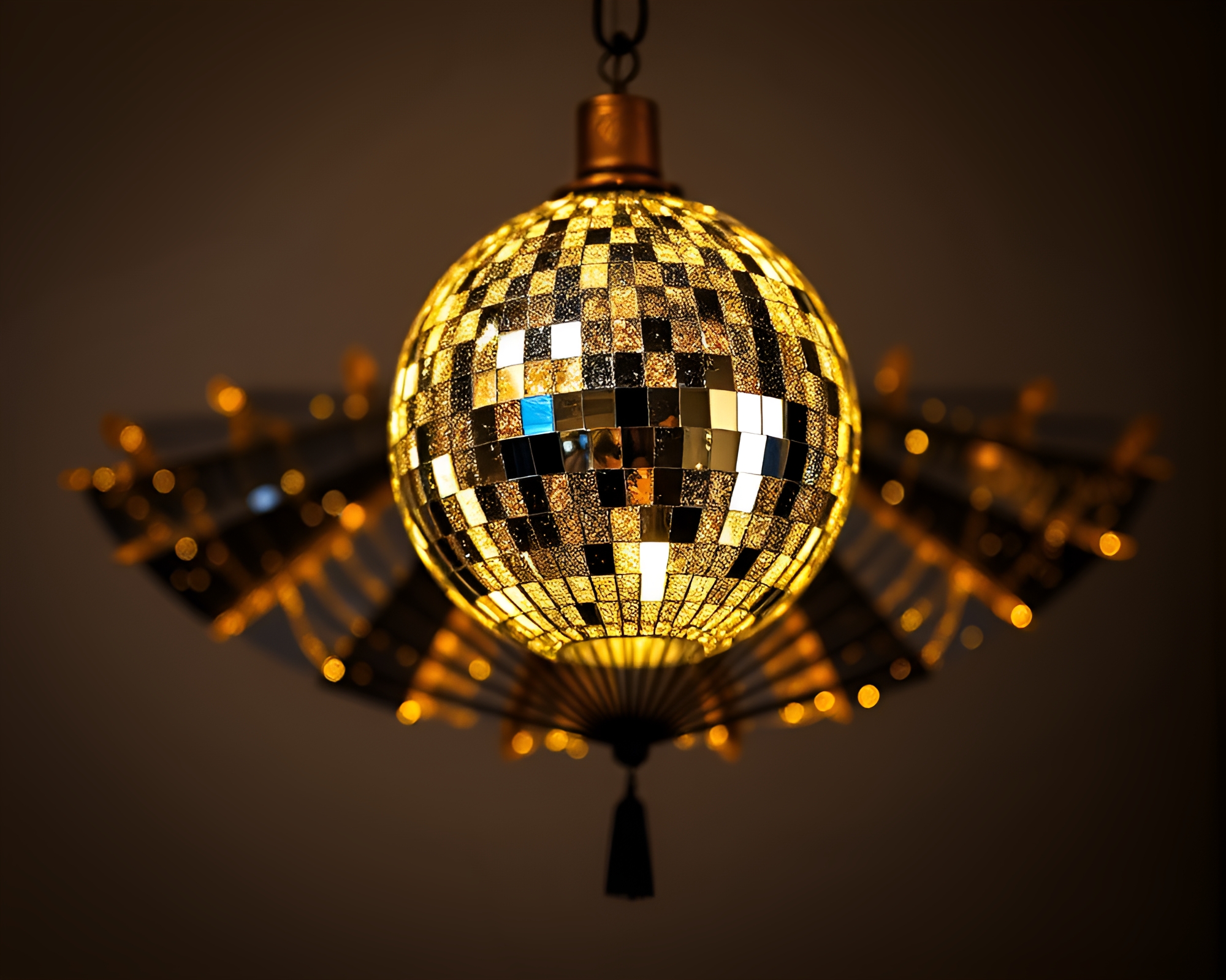 Gilded Hand-Painted Fan under Disco Ball Glow – free AI stock image