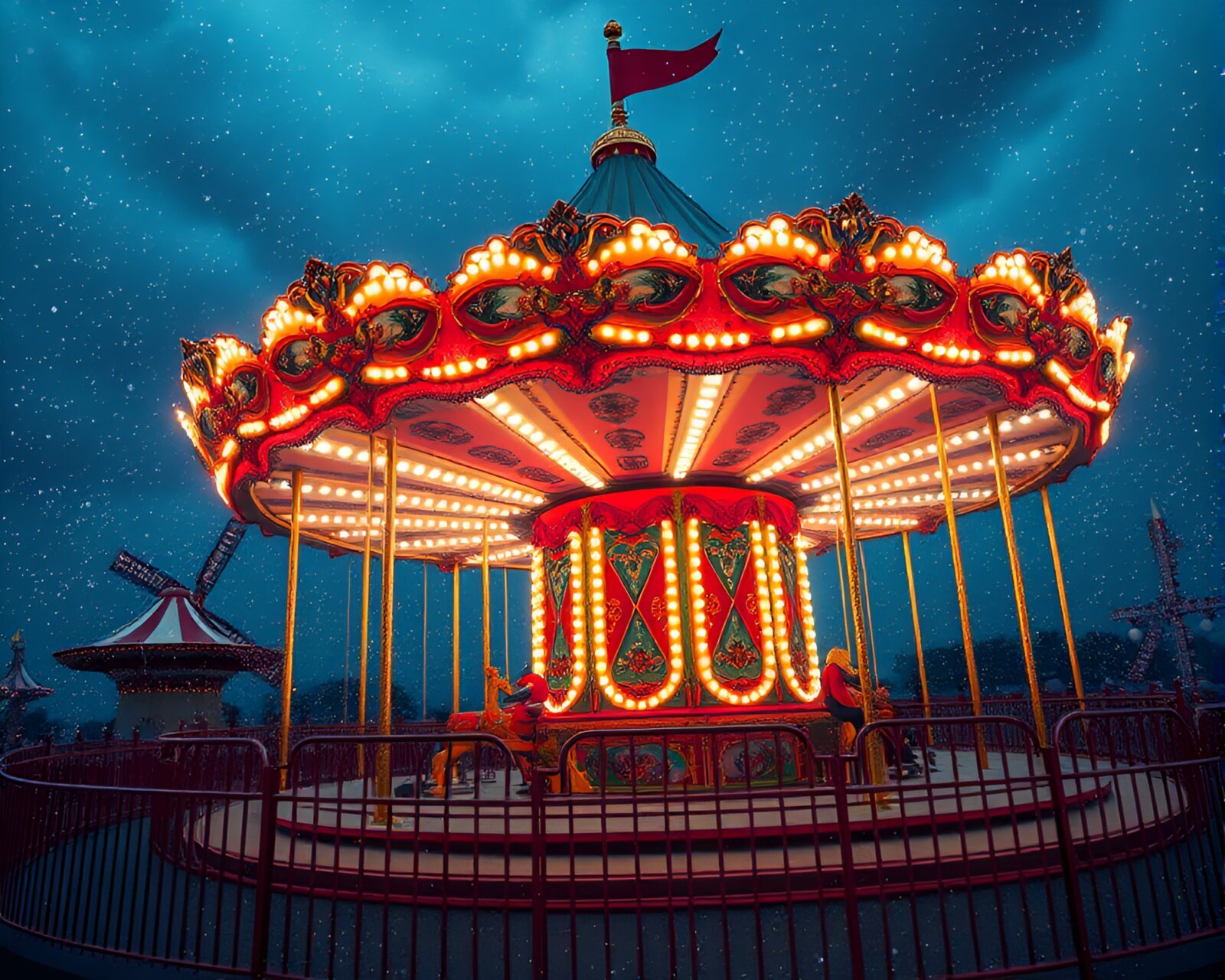 Colorful carousel under cosmic dust sky at carnival