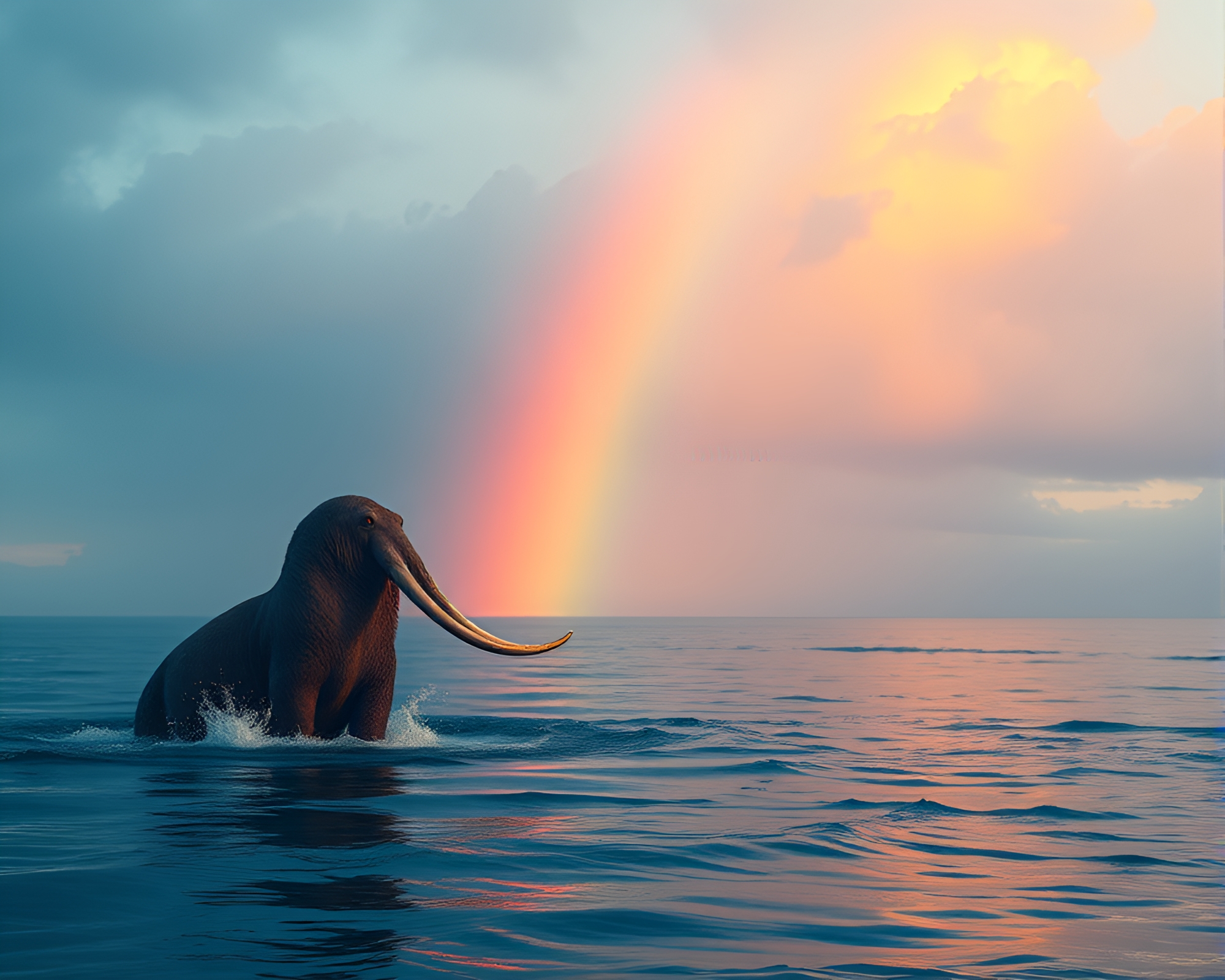 Oil Slick Rainbow Illuminates Walrus in Blue Hour – free AI stock image