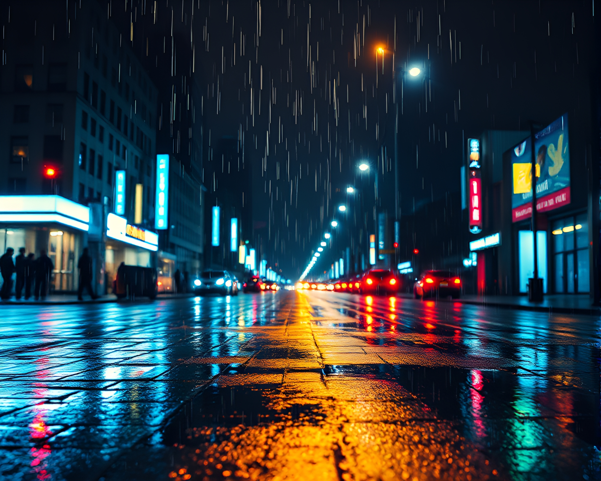 Rocket launching on rainy city street at night – free AI stock image