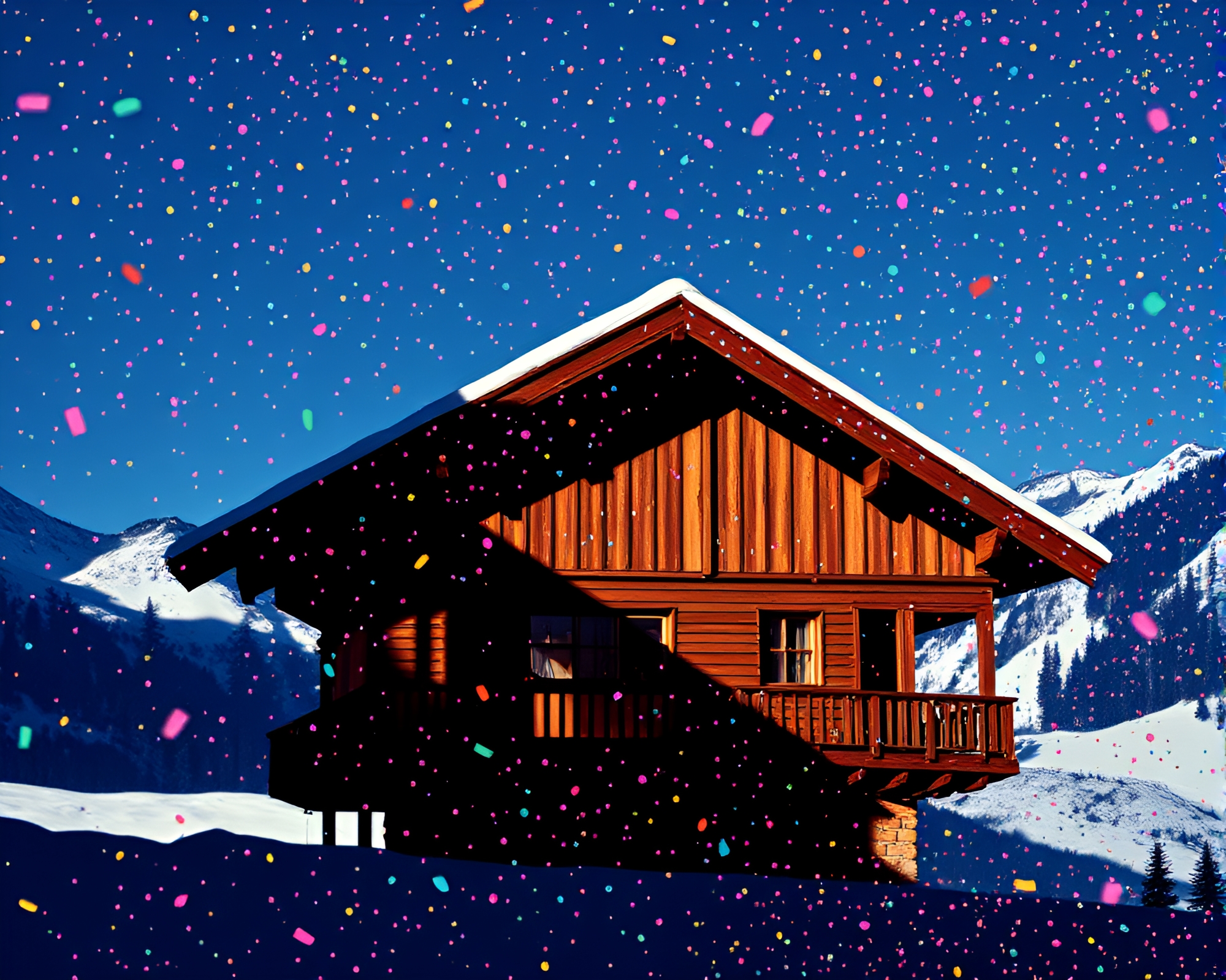Alpine Chalet Shadow Silhouette in Confetti Color Burst – free AI stock image