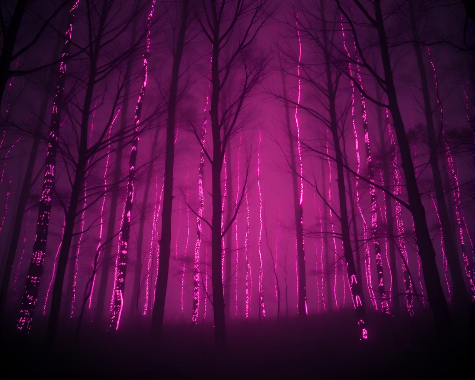 Backlit silhouette trees in pink bioluminescent forest