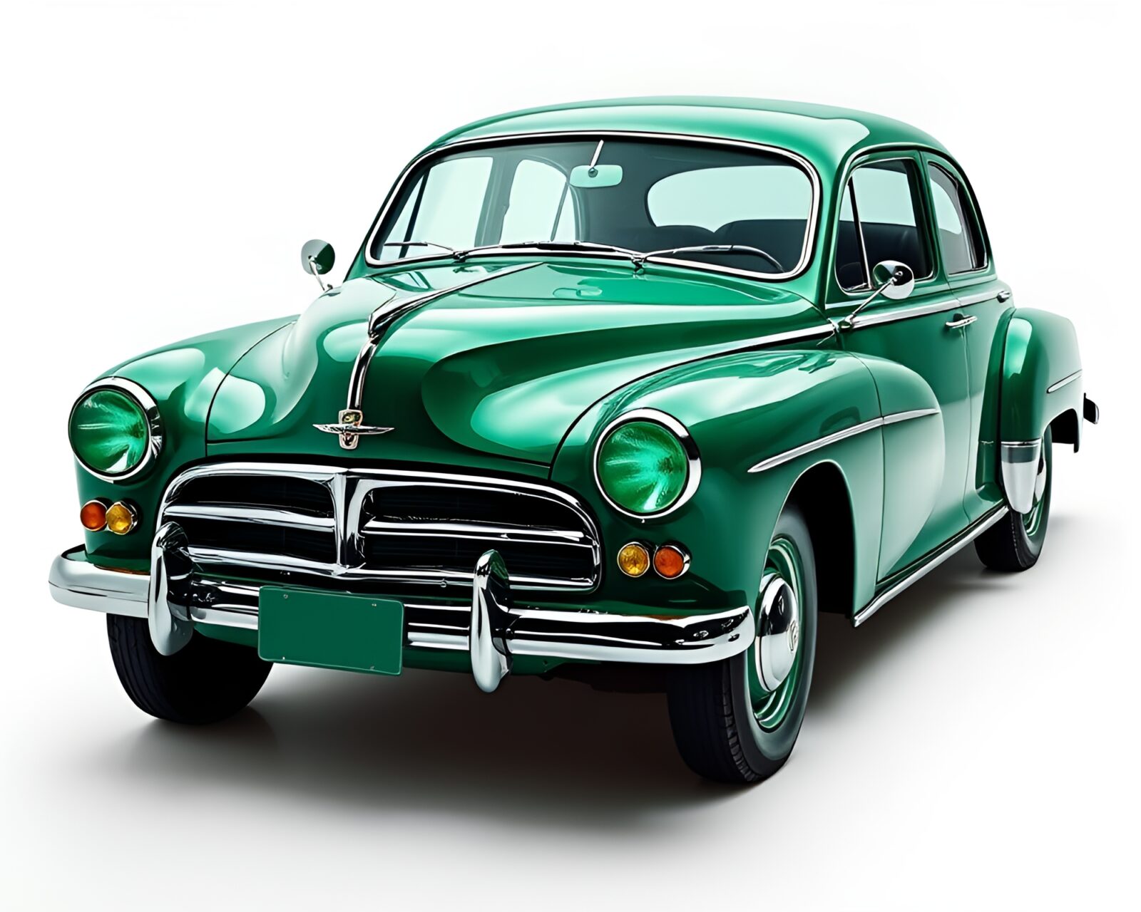 Vintage car highlighted in emerald green, algorithmic art style