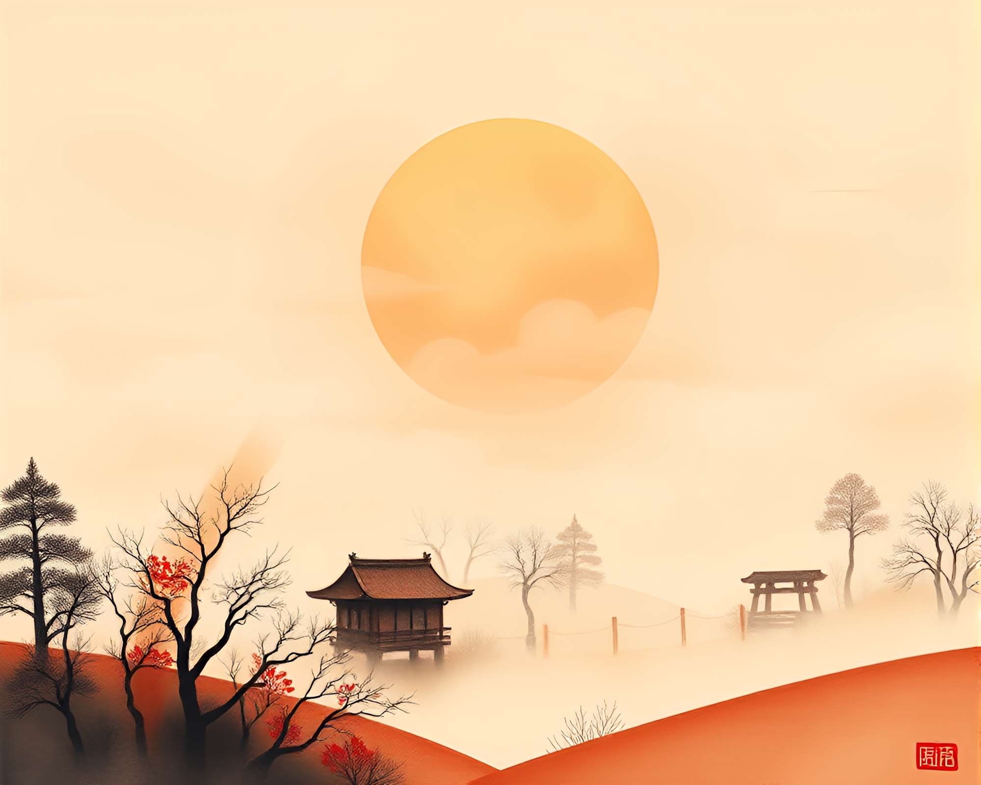 Misty Ink Calligraphy Paper Cutout in Warmth – free AI stock image