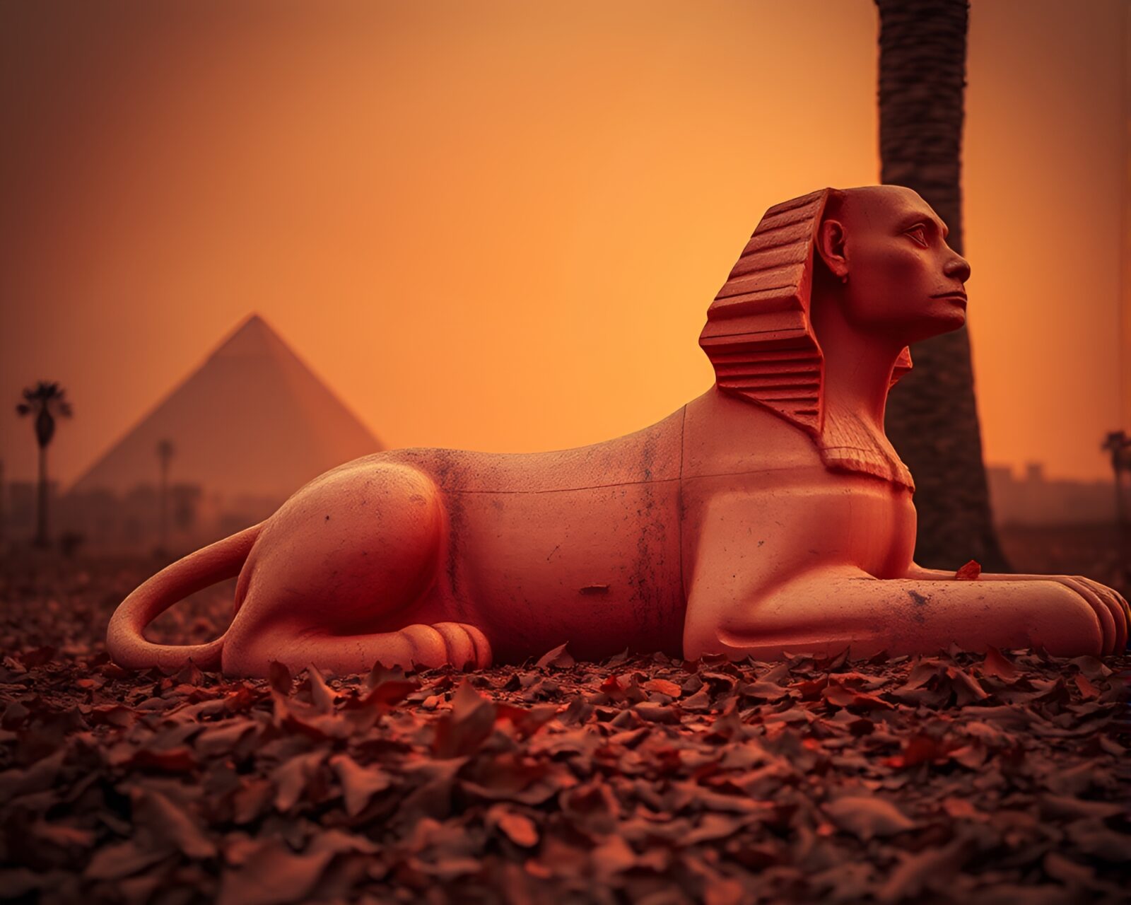 Fantastical sphinx statue in leaf litter with neon lighting