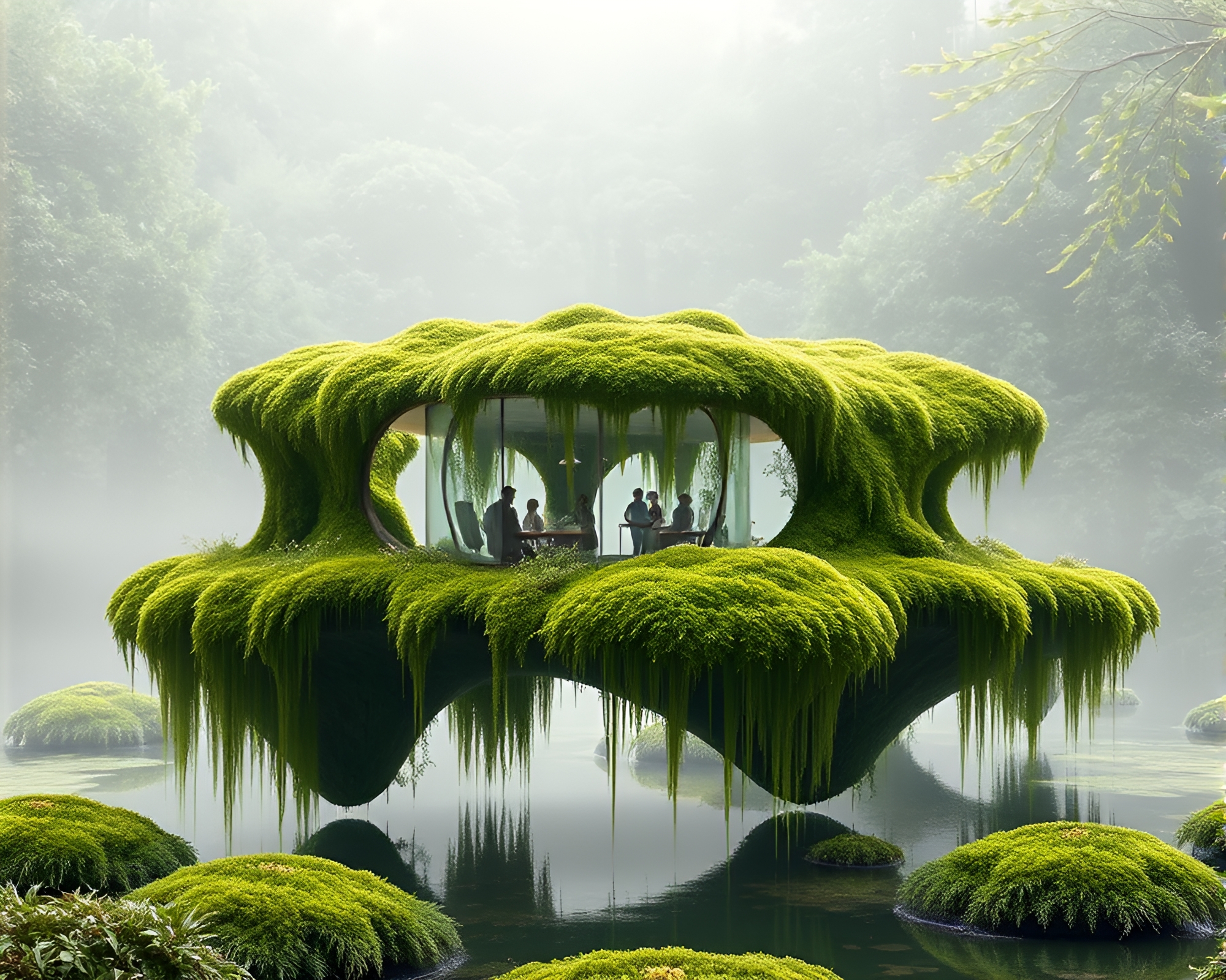 Moss-Covered Floating Pavilion in Bio-Organic Design – free AI stock image