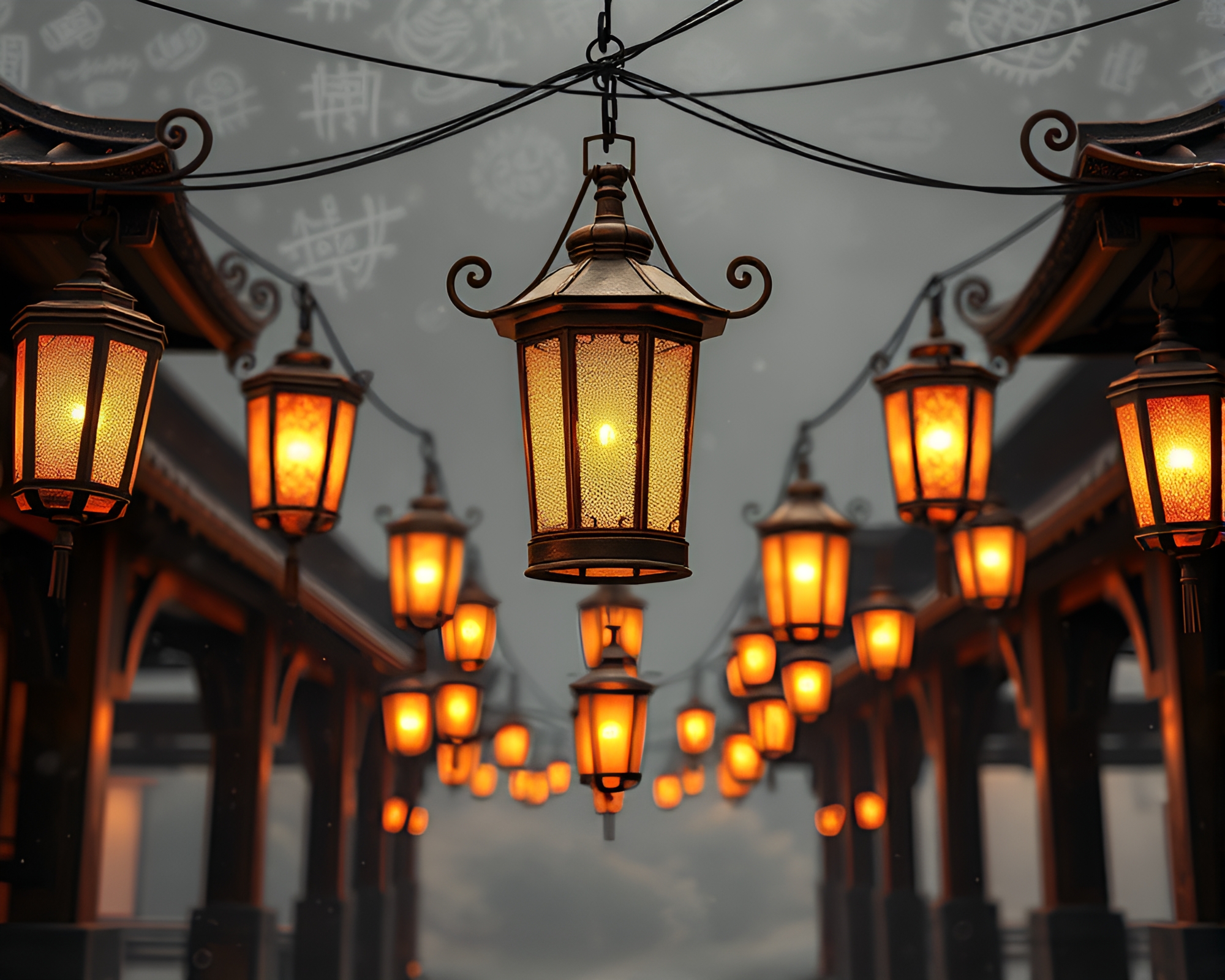 Chalk Scrawls Amid Floating Lanterns: Bronze Wireframe Fantasy – free AI stock image