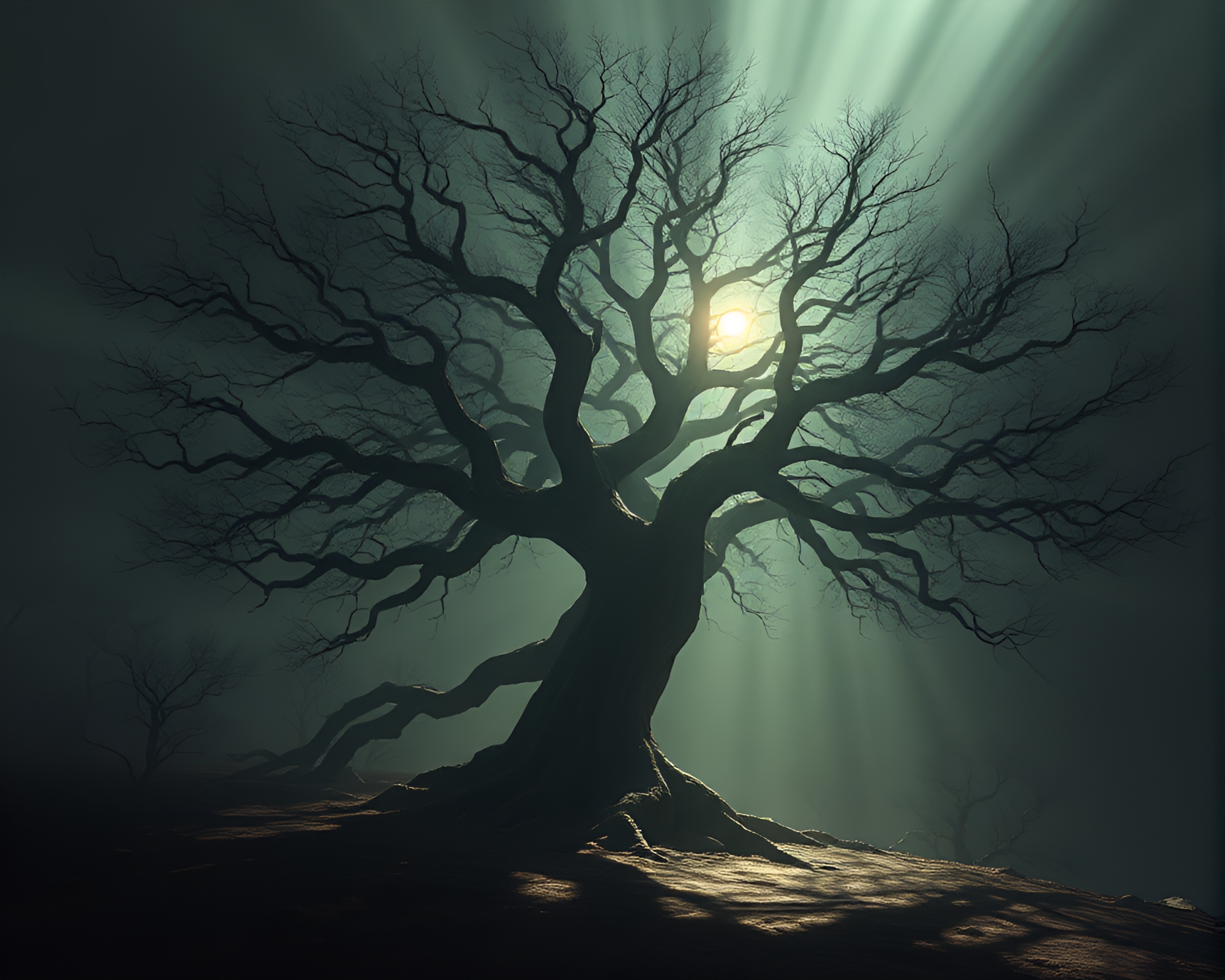 Ancient Tree Shadow Veiled in Necromantic Magic – free AI stock image