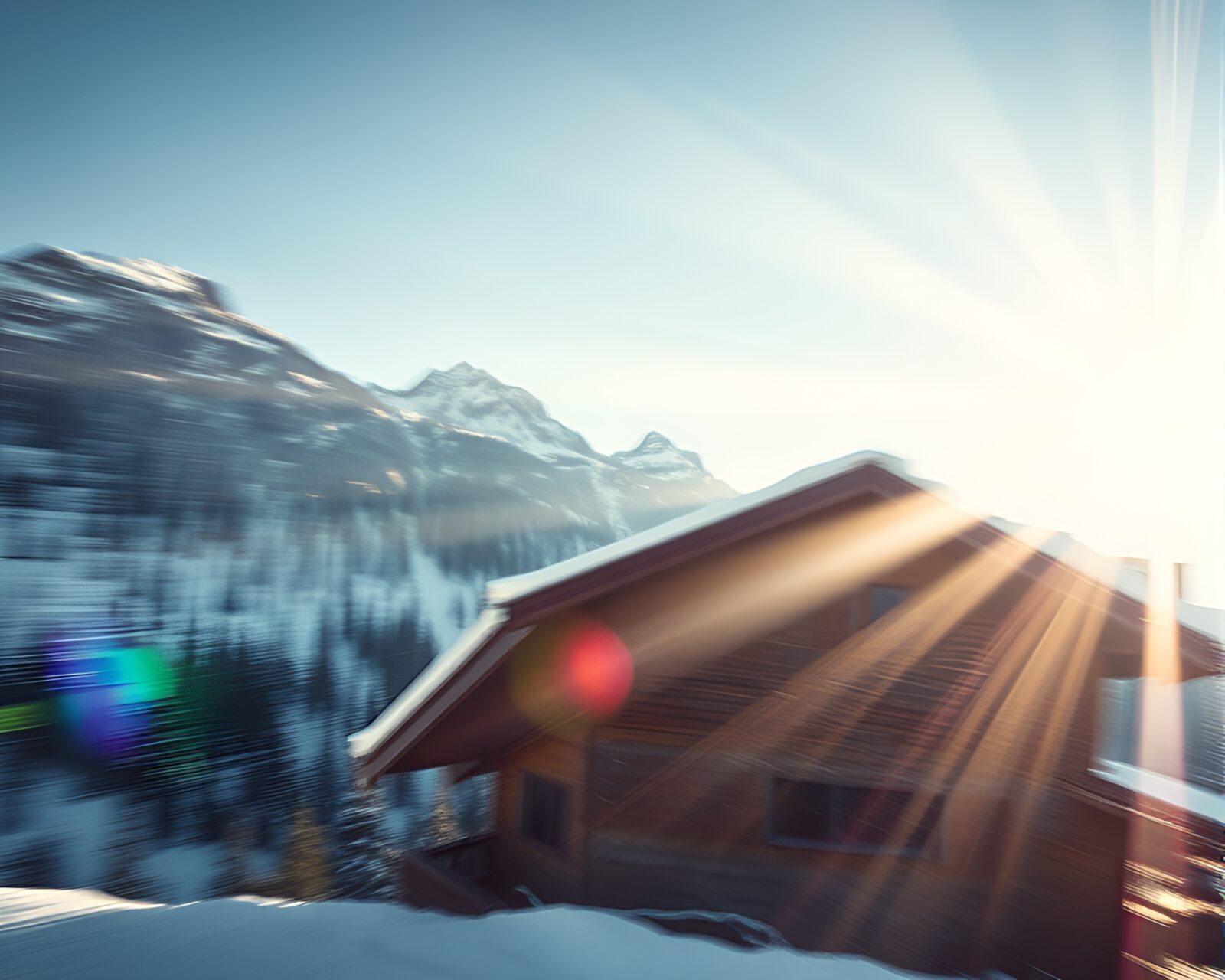 Abstract interpretation of an alpine chalet with sunbeam rays