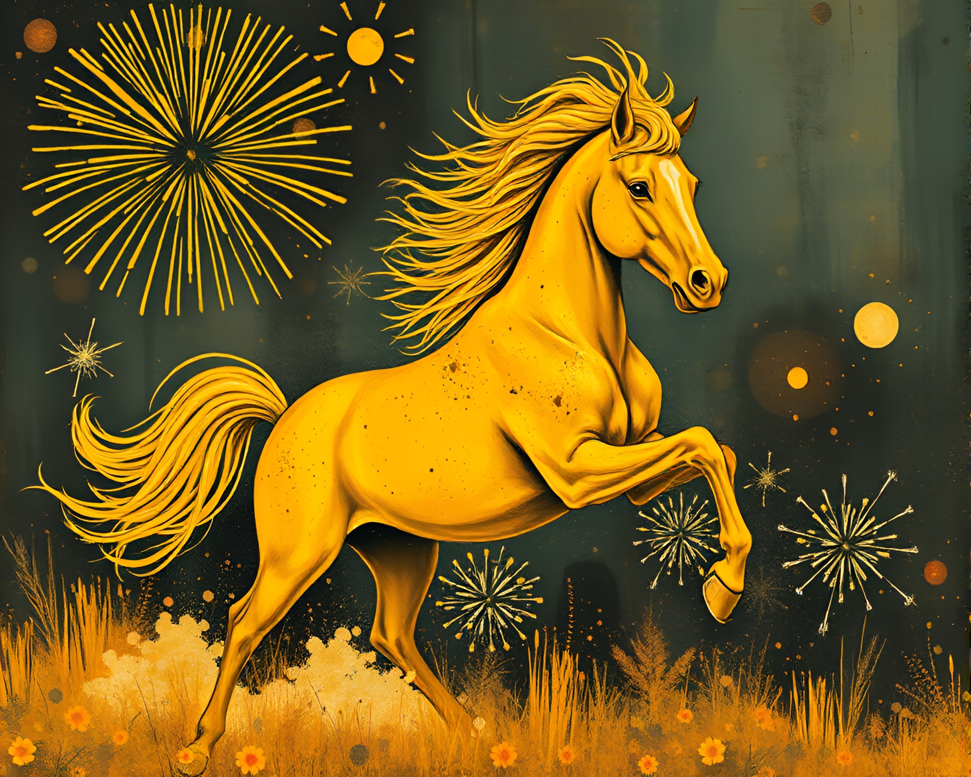 Wild Stallion Silhouetted by Mustard Yellow Fireworks – free AI stock image