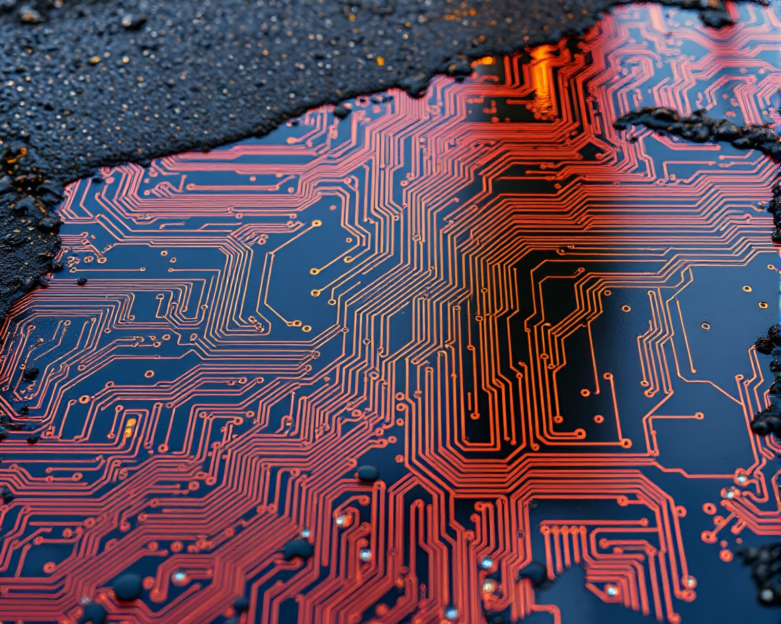Puddle reflecting neon circuit board patterns in lithographic style