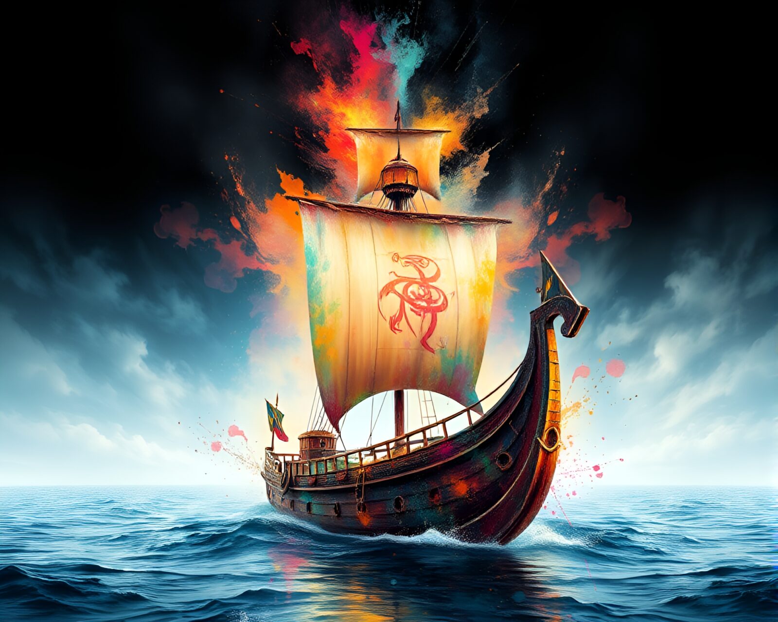 Vibrant Viking ship with fractal designs on pastel walls