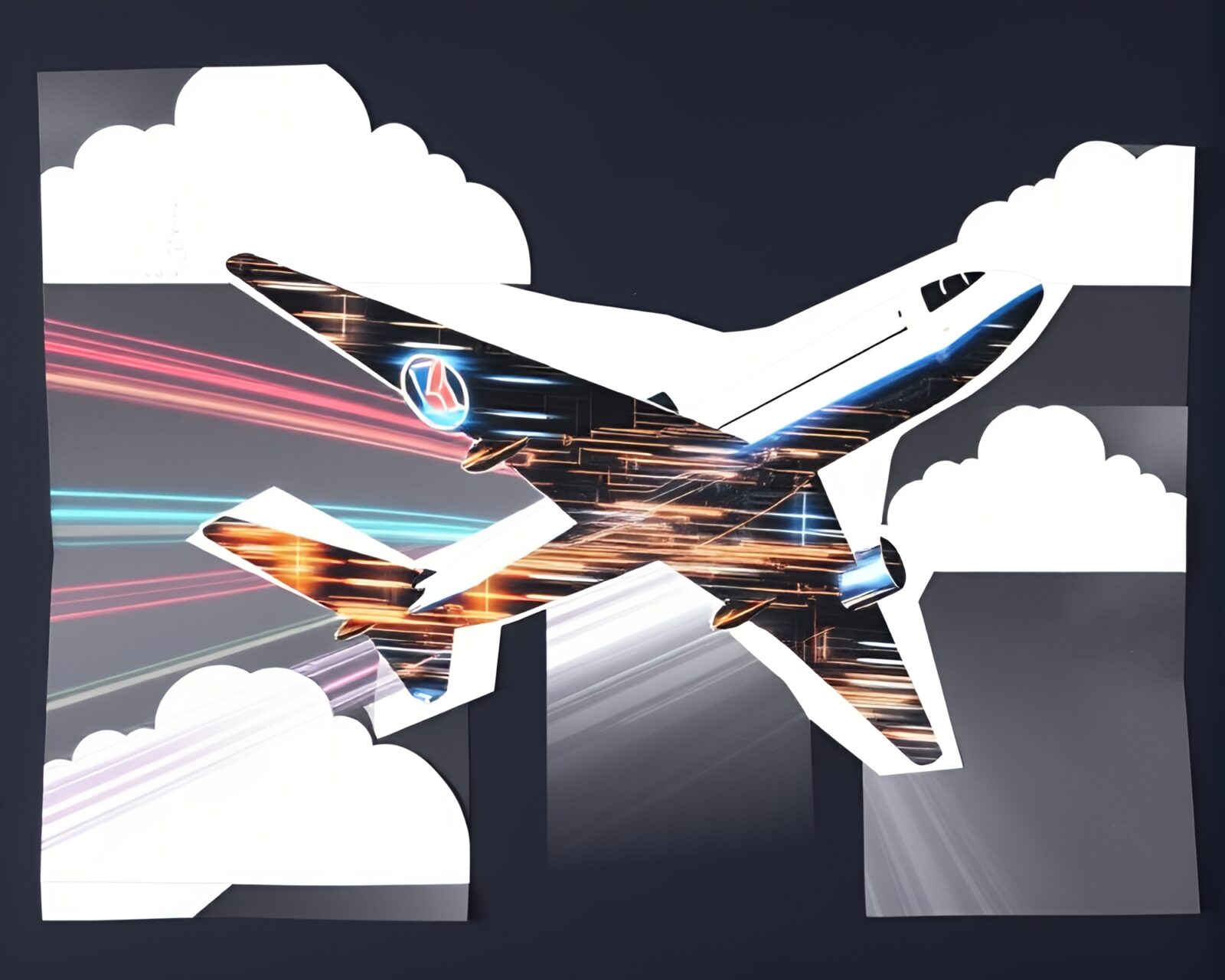 Abstract algorithmic art of an airplane surrounded by light streaks