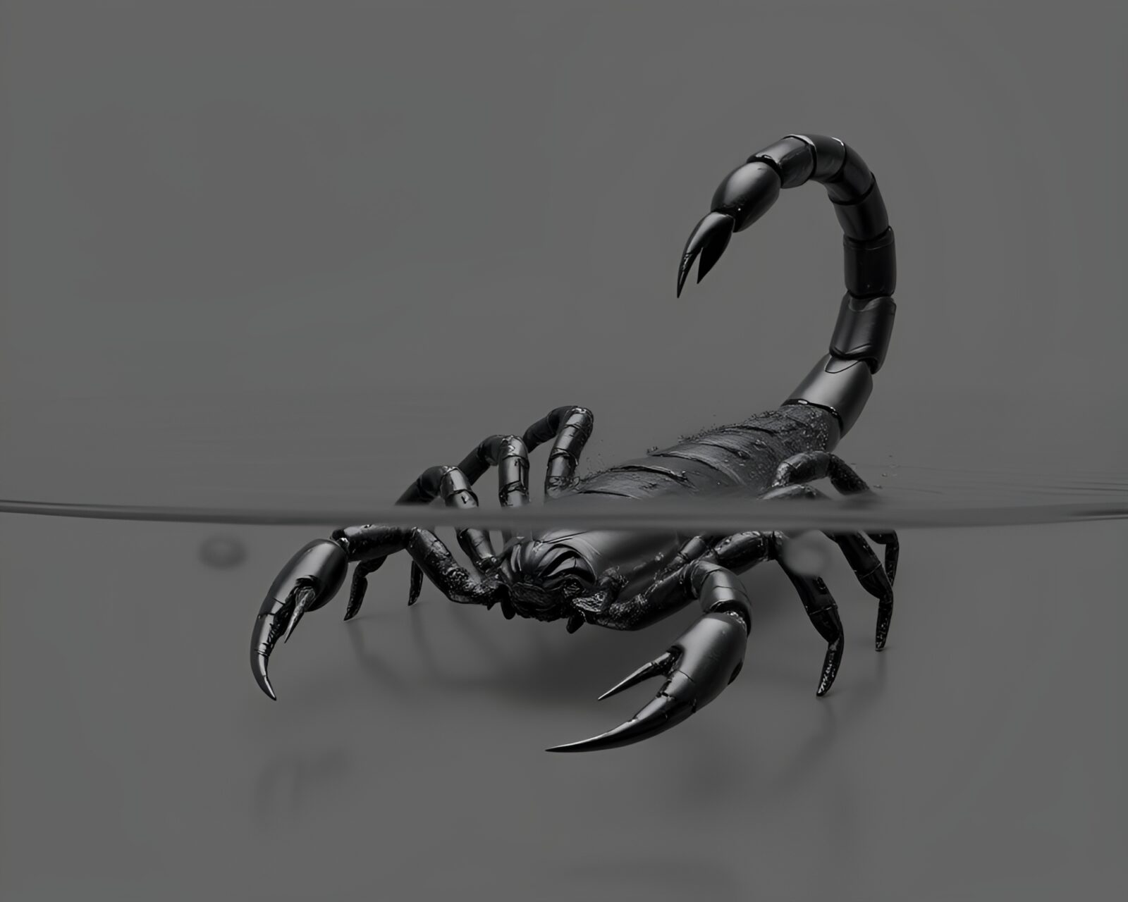 Gleaming grayscale scorpion silhouette in rippling water