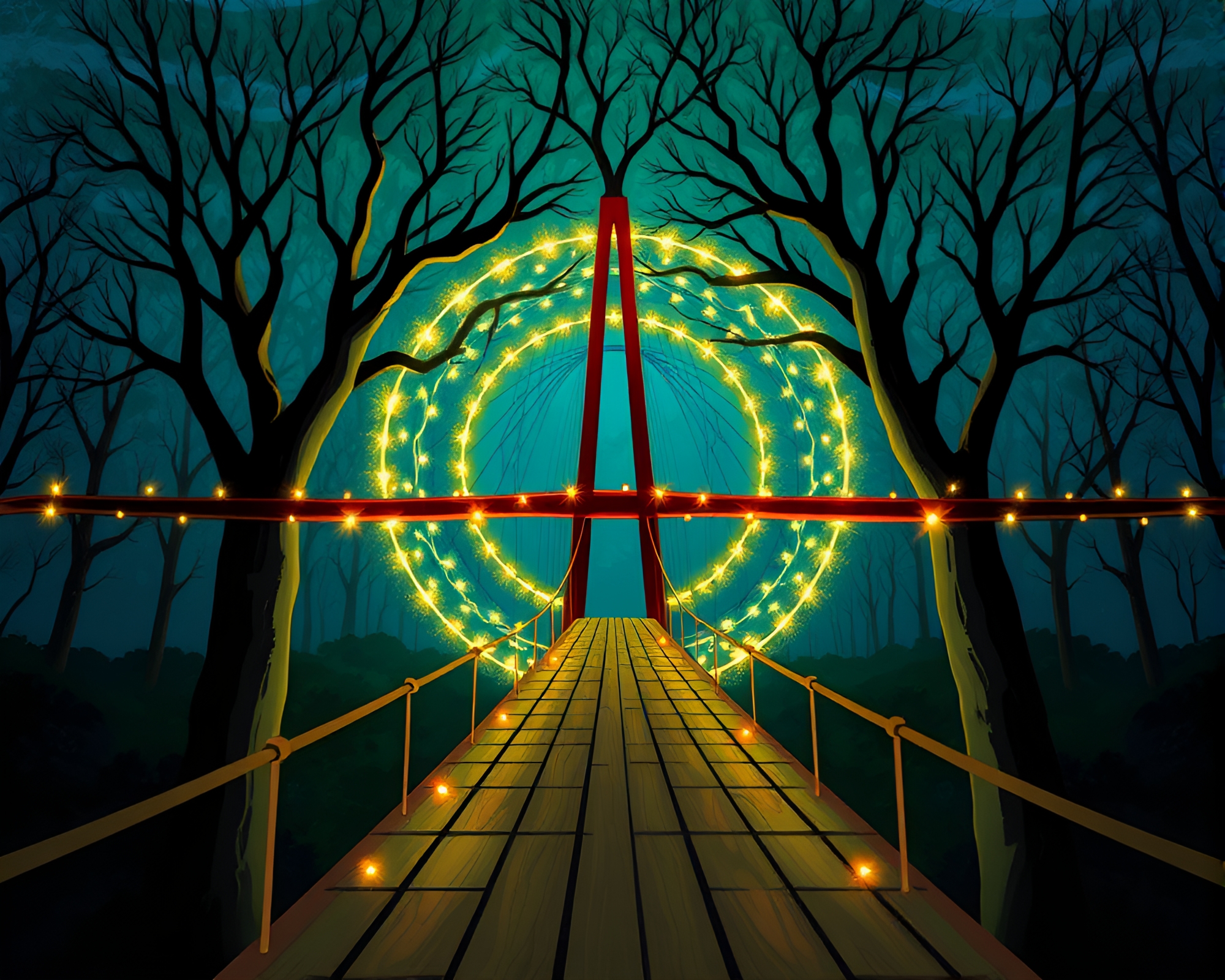 Cubist Suspension Bridge Illuminated by Firefly Luminescence – free AI stock image