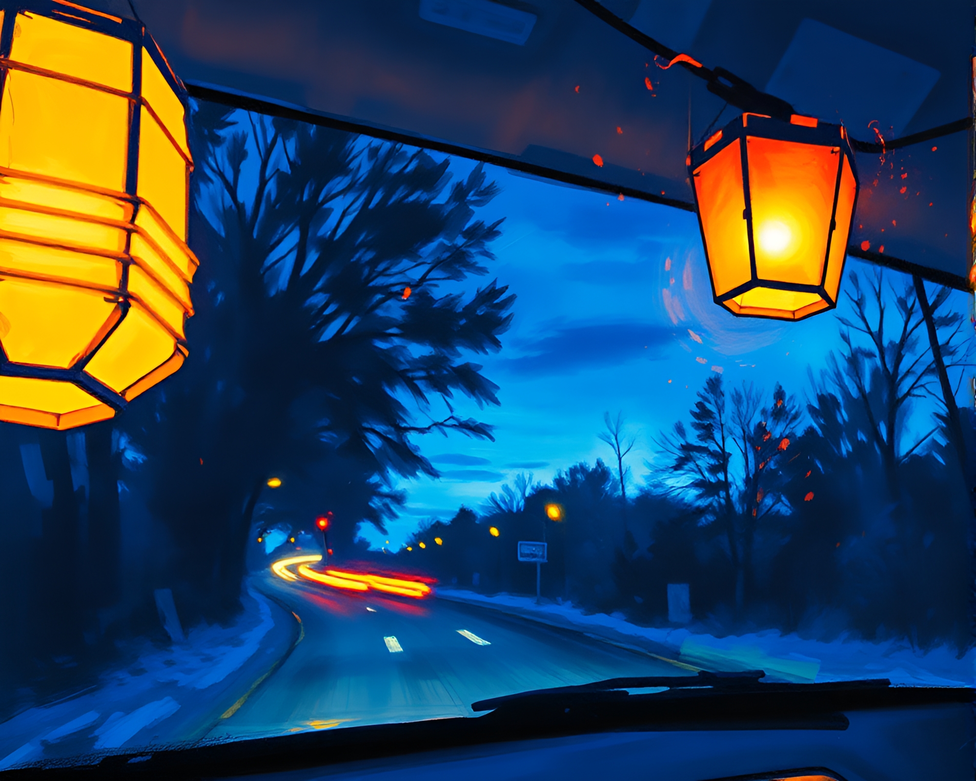Car Light Trails Through Twilight Paper Lanterns – free AI stock image