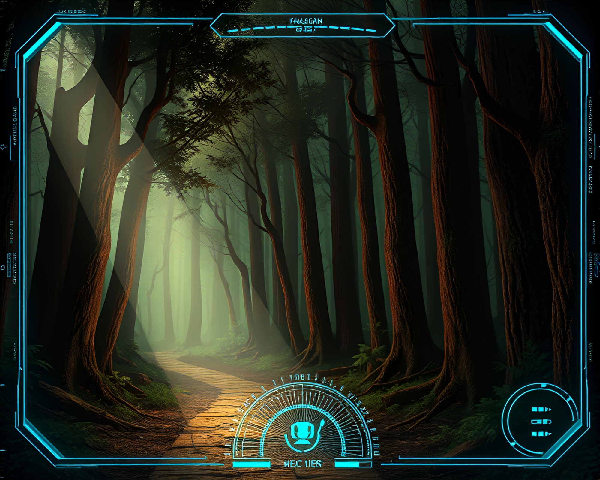 Futuristic Forest Dungeon with Paper Textures HUD – free AI stock image