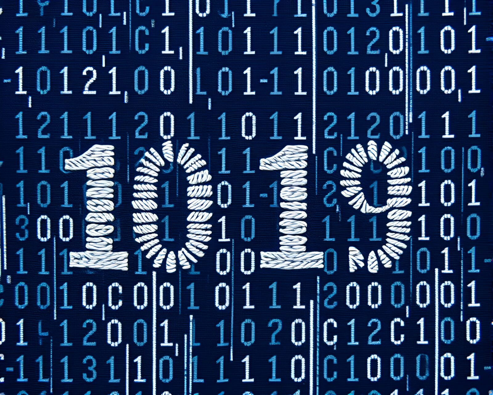 A captivating artwork of binary code intricately embroidered in indigo tones