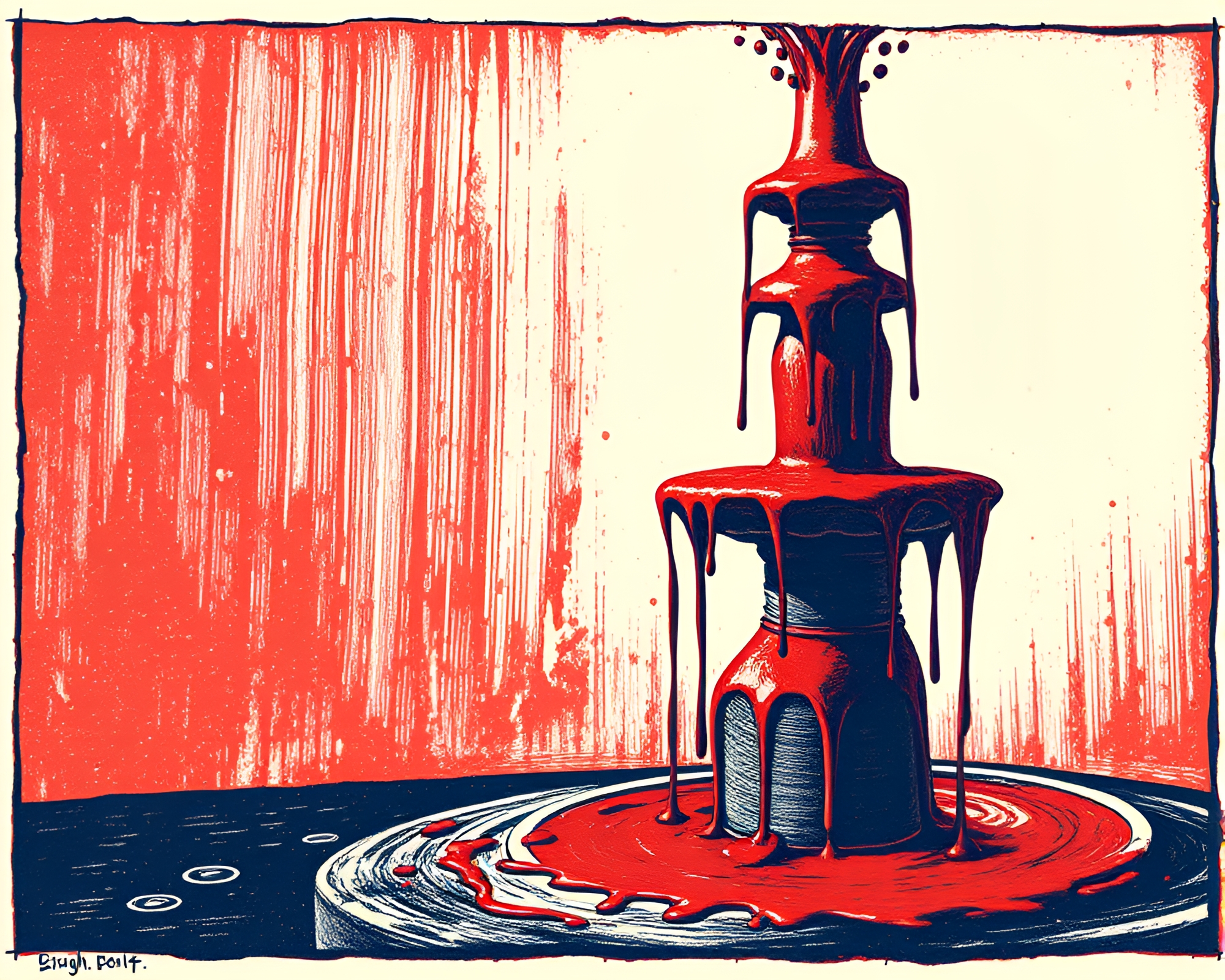 Engraved Chocolate Fountain in Duotone Red-Blue – free AI stock image