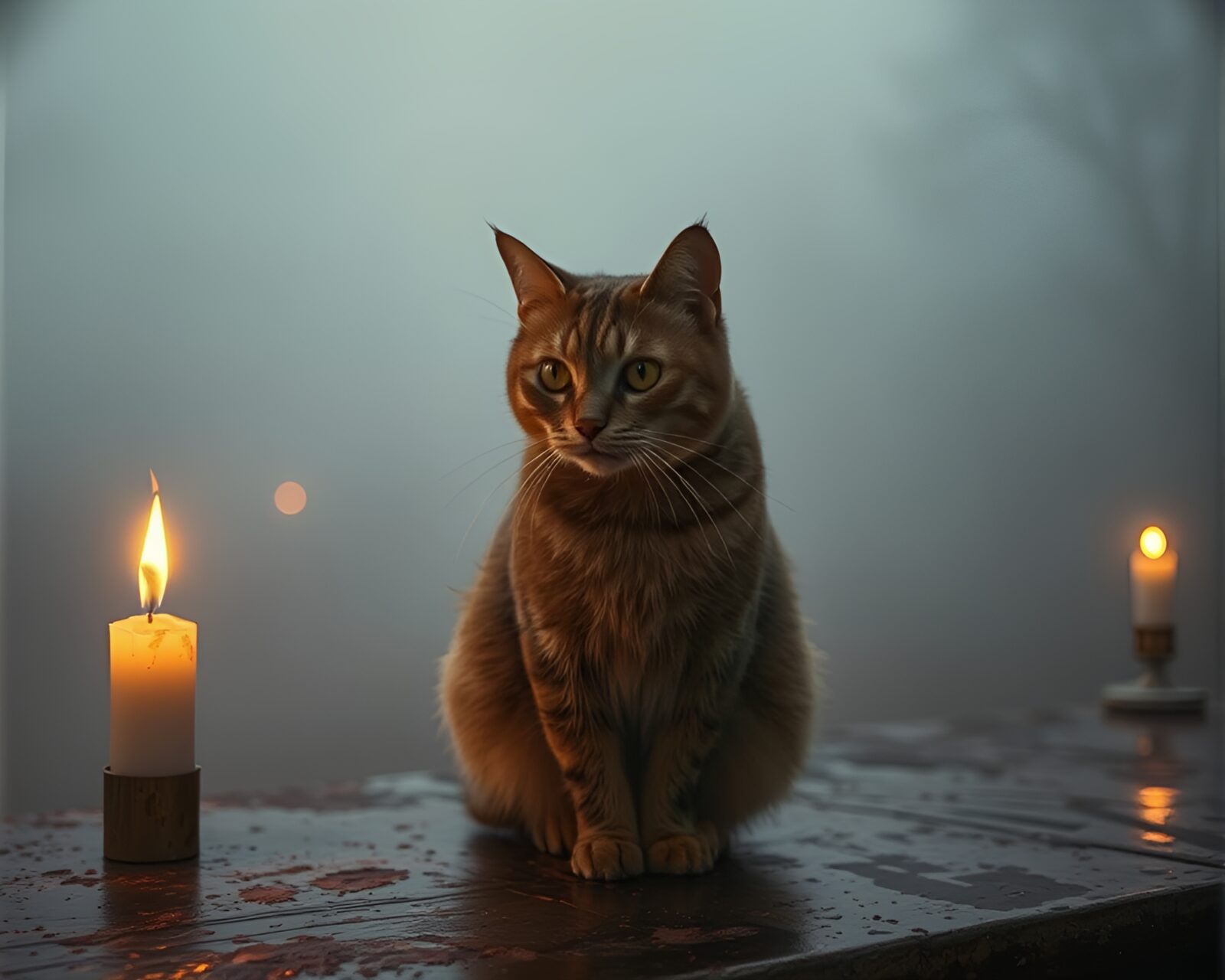 Mysterious scene with Schrodinger's cat in foggy candlelight