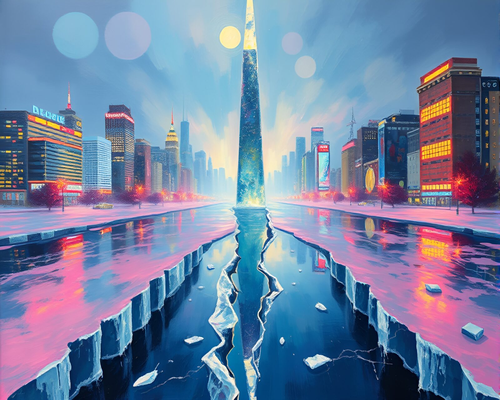 Glowing cityscape reflected in frozen split ice surface.