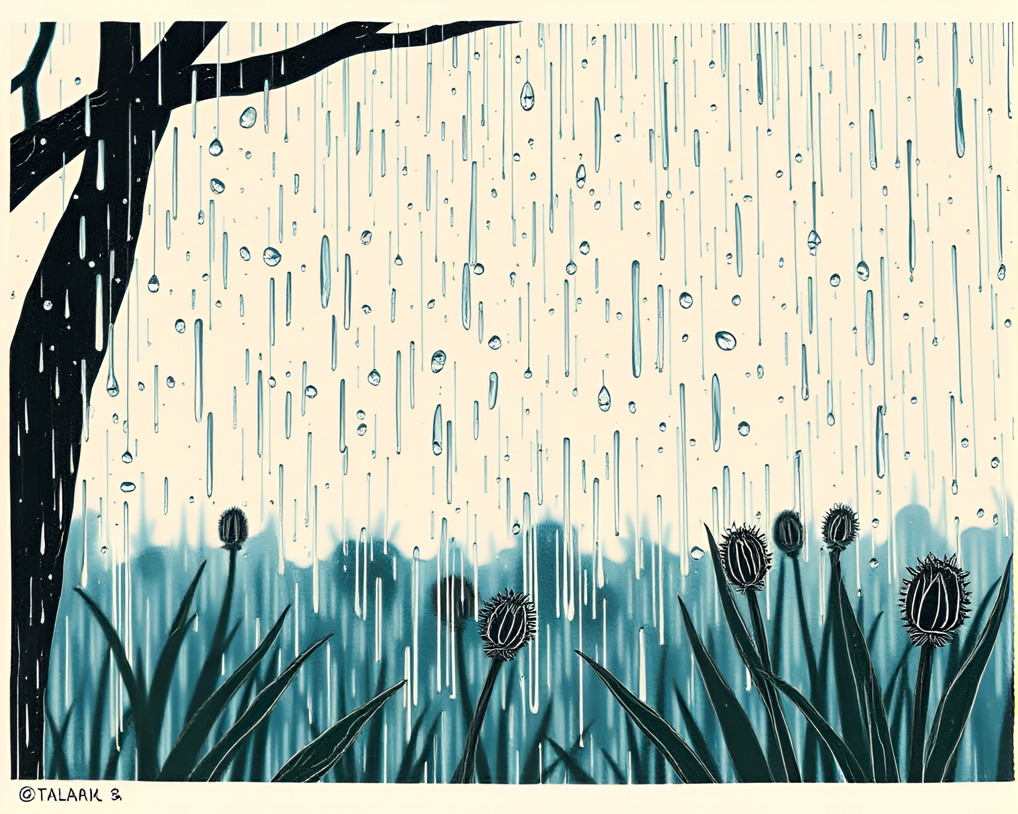 Oasis Mirage: Rain Droplets Linocut Print – free AI stock image