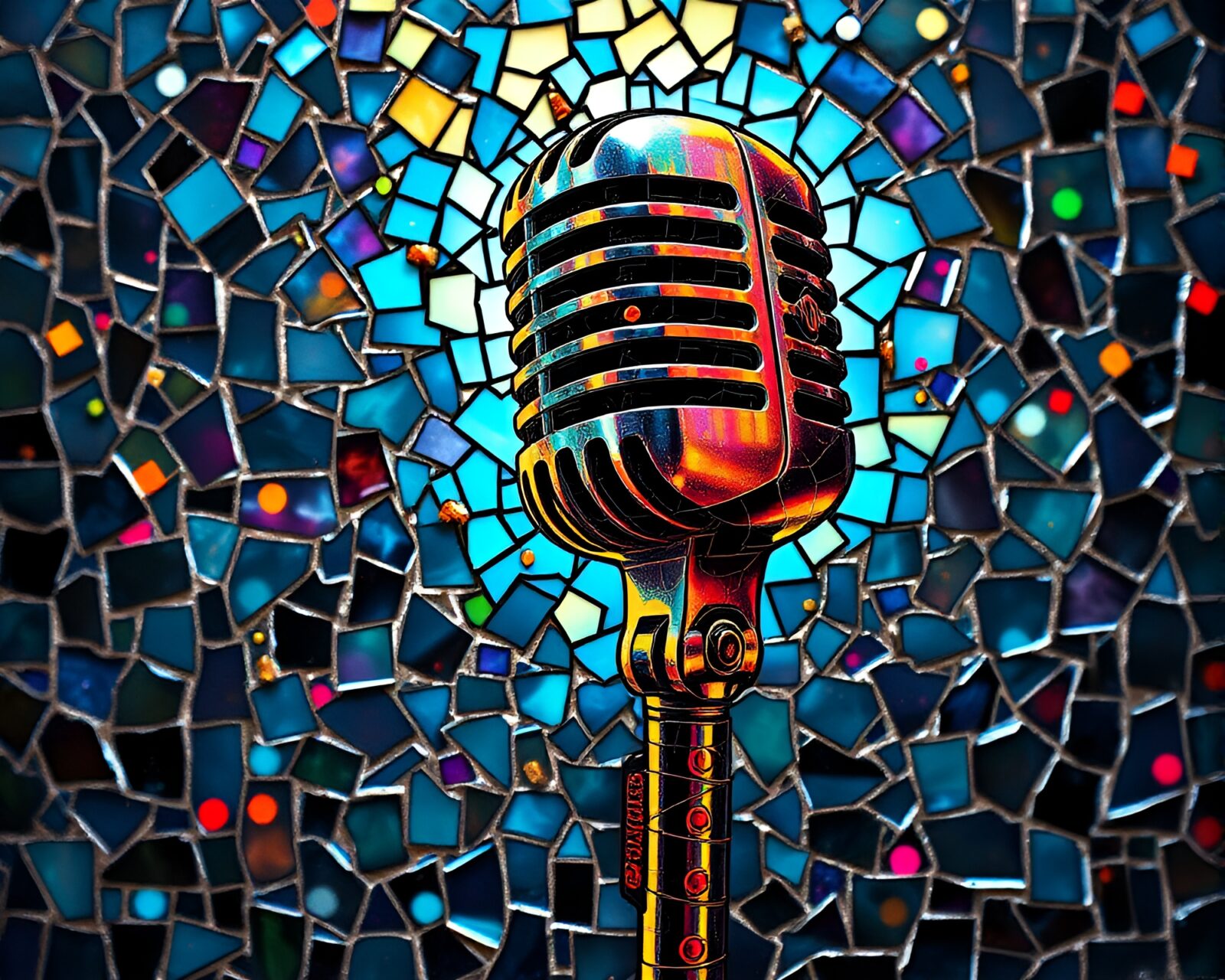 Colorful tattoo style broken microphone mosaic with glossy highlights