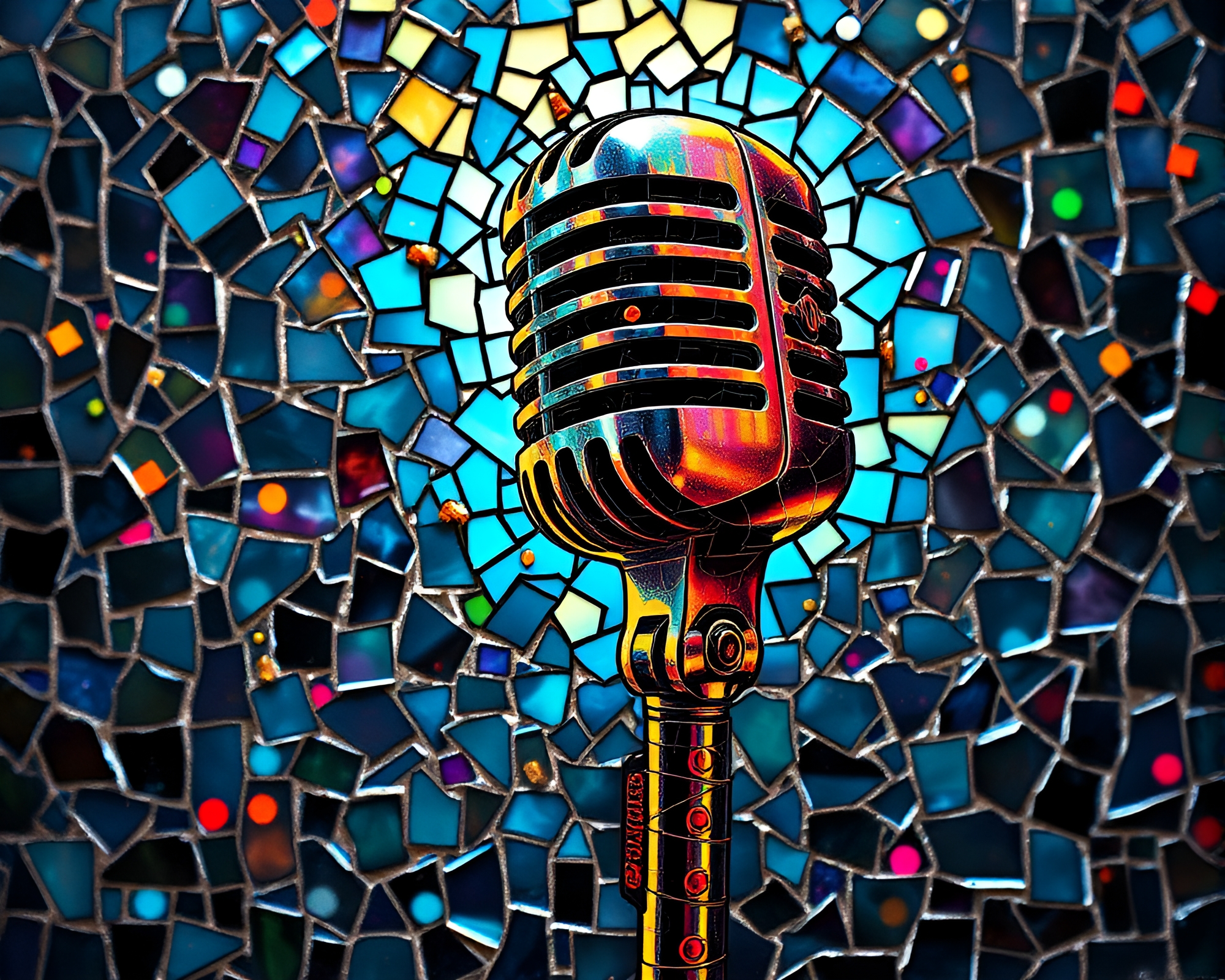 Shattered Microphone Mosaic in Tattoo Flash Art Style – free AI stock image